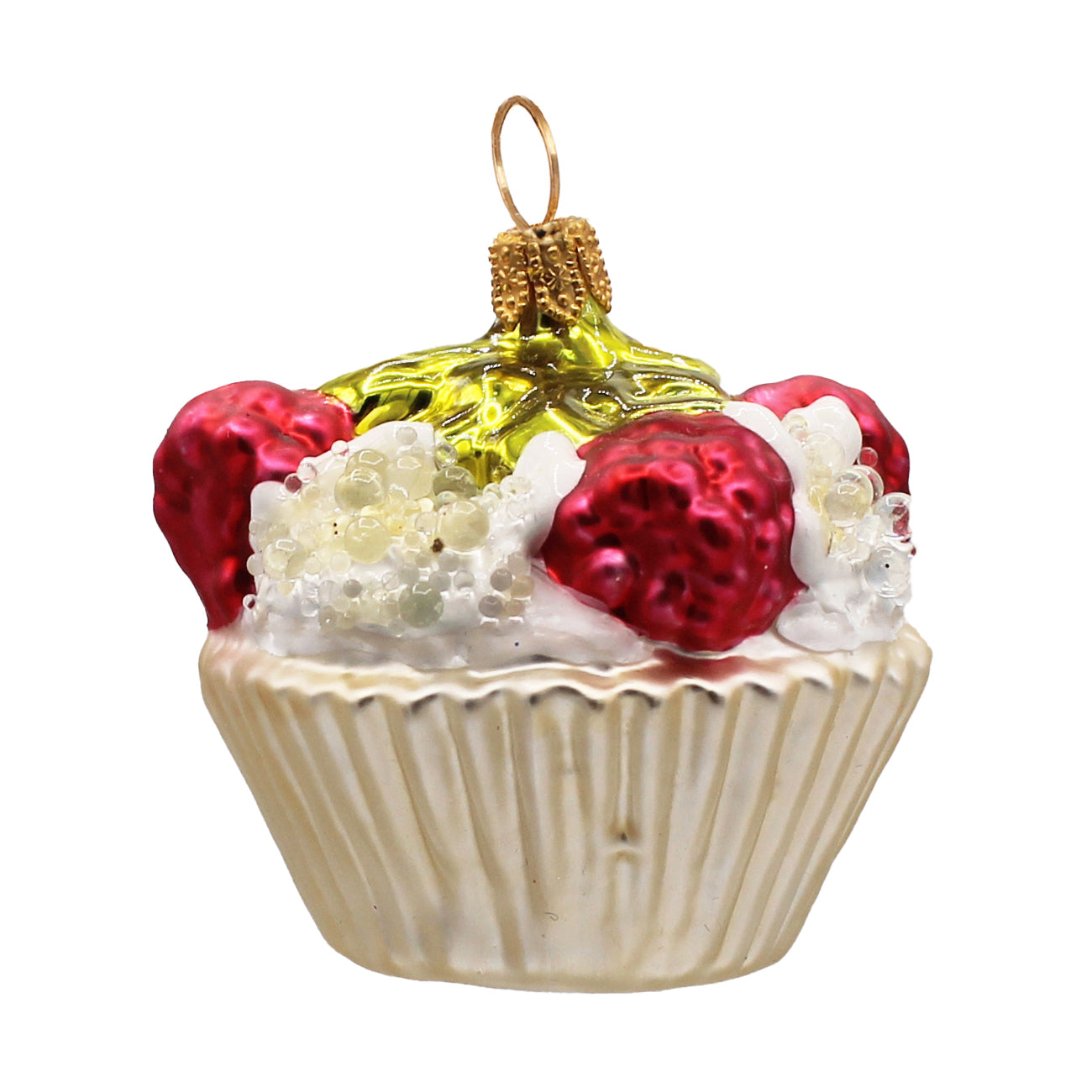 Cupcake en verre soufflé crème et rouge avec framboises et attache dorée