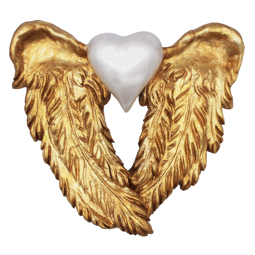 Cœur ailé en terre blanche avec grandes ailes dorées à la feuille d'or
