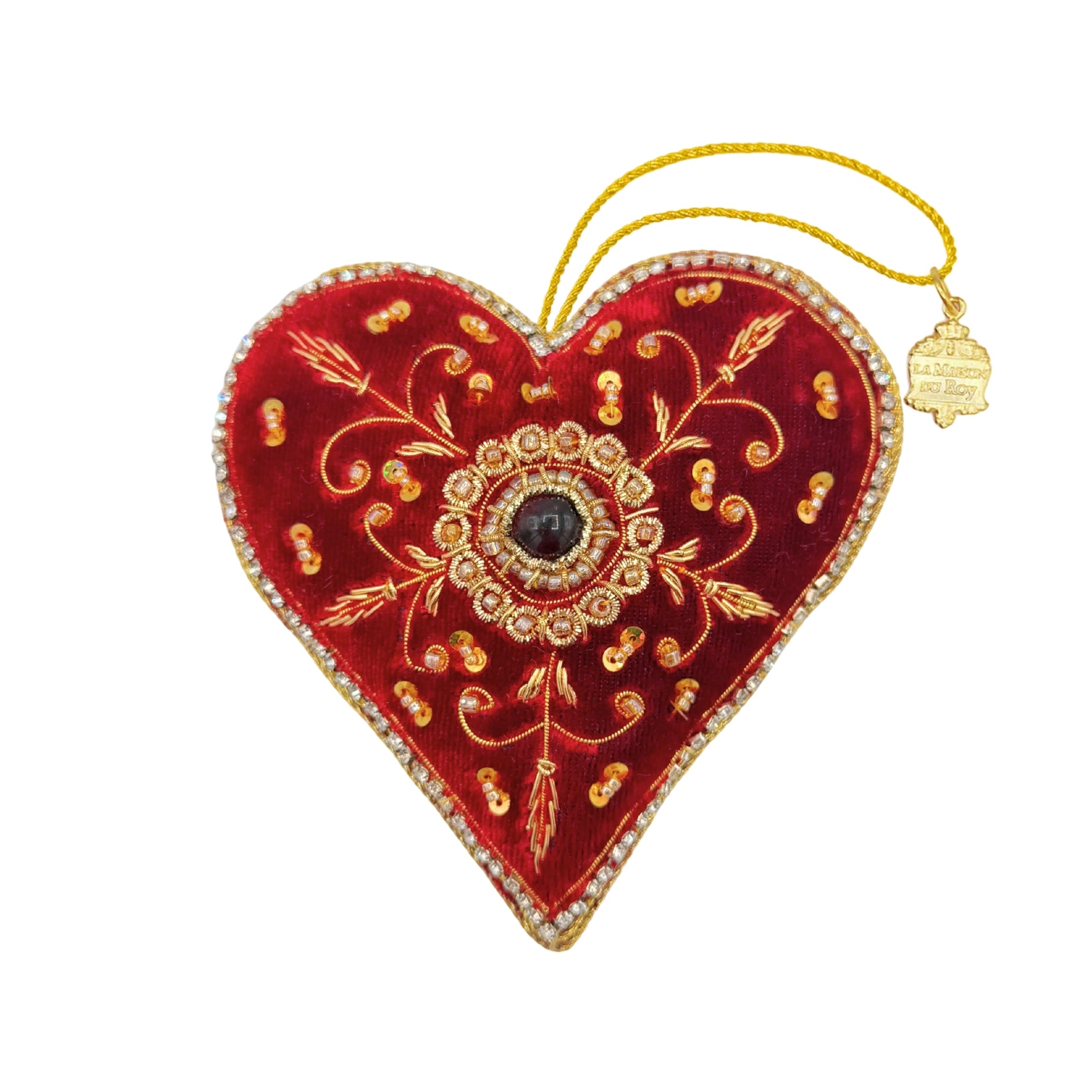 Cœur décoratif en velours rouge brodé de fils dorés, strass et sequins