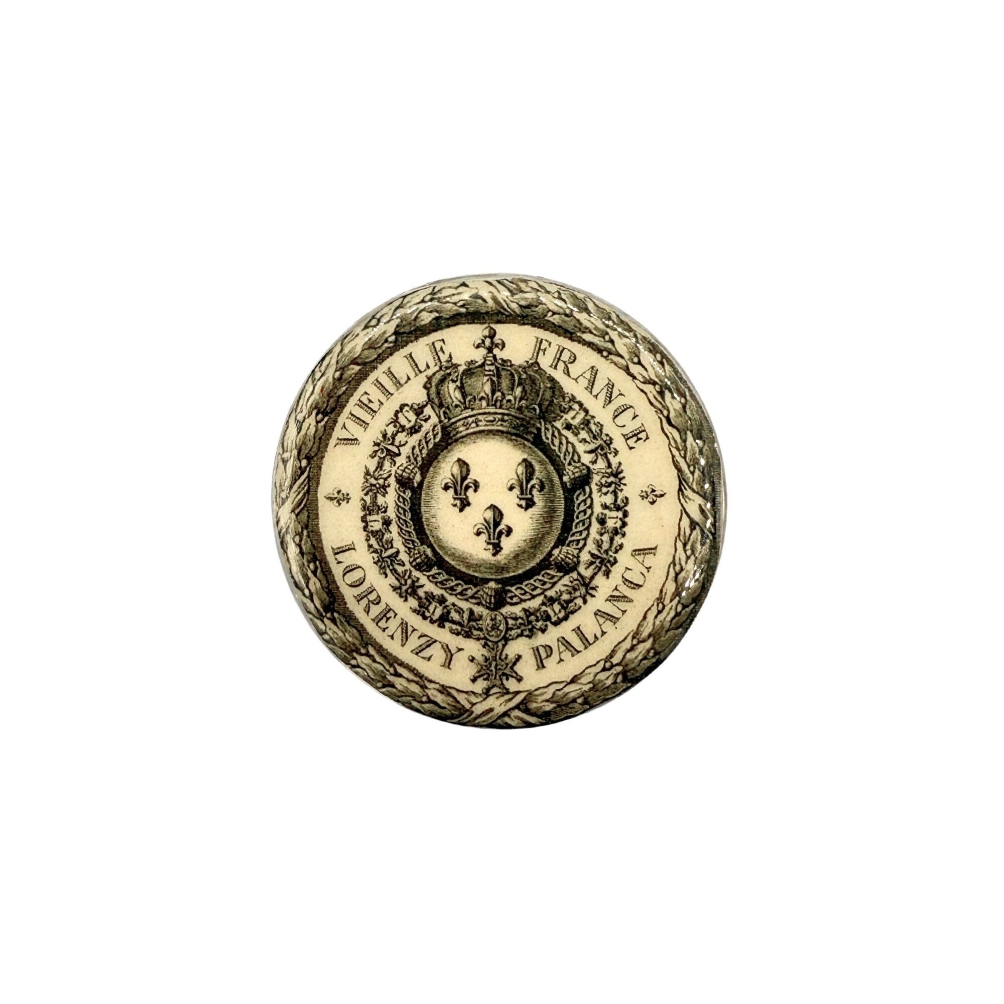 Mètre ruban rond en métal argent patiné, décor couronne royale et fleurs de lys