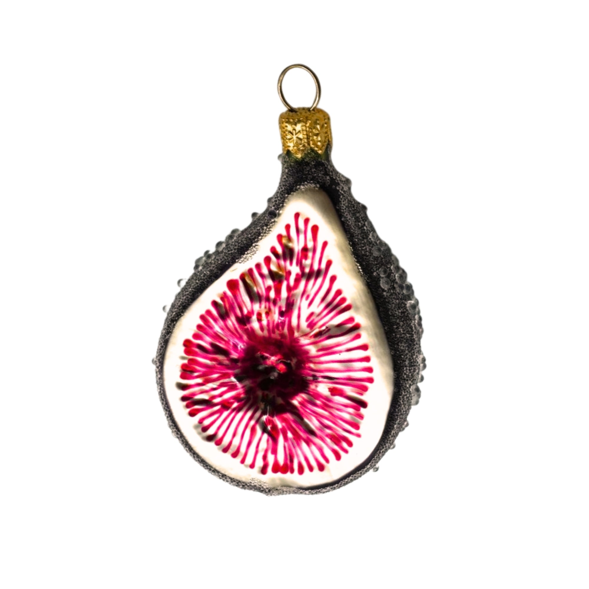 Demie figue en verre soufflé, chair blanche veinée de rose fuchsia et contour noir texturé