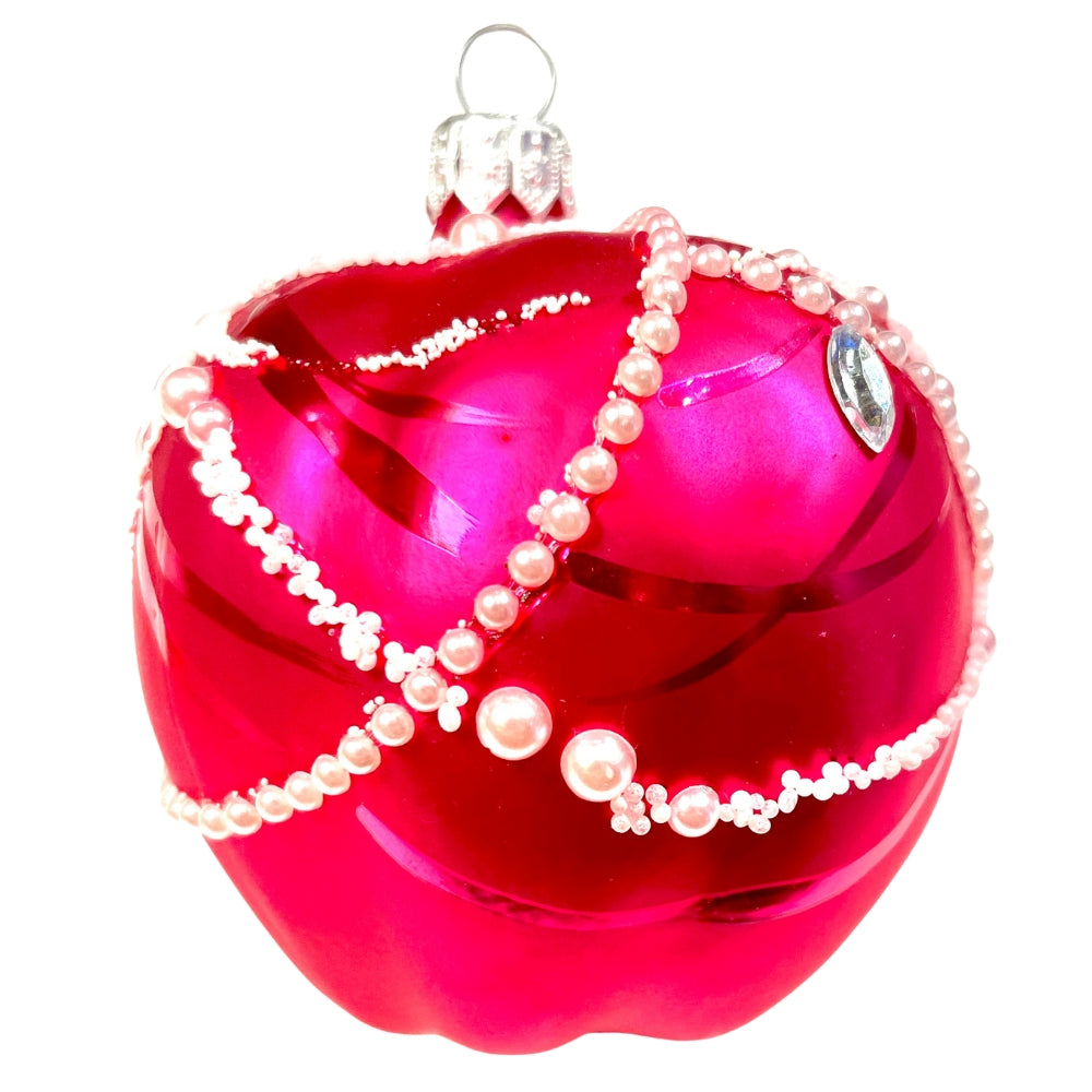 Pomme en verre soufflé rose décorée de perles et pendentif argenté
