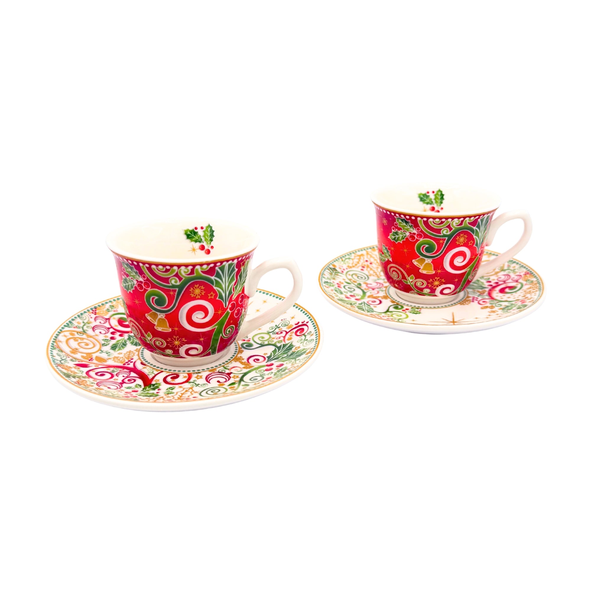 Duo de tasses à café de Noël rouges avec soucoupes ornées de motifs verts et dorés