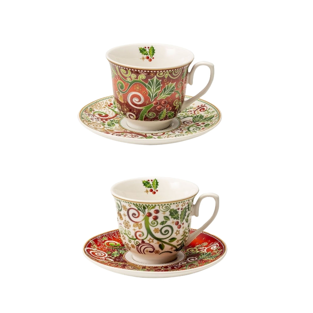 Duo de tasses à thé de Noël en porcelaine, motifs rouges, verts et dorés avec soucoupes assorties