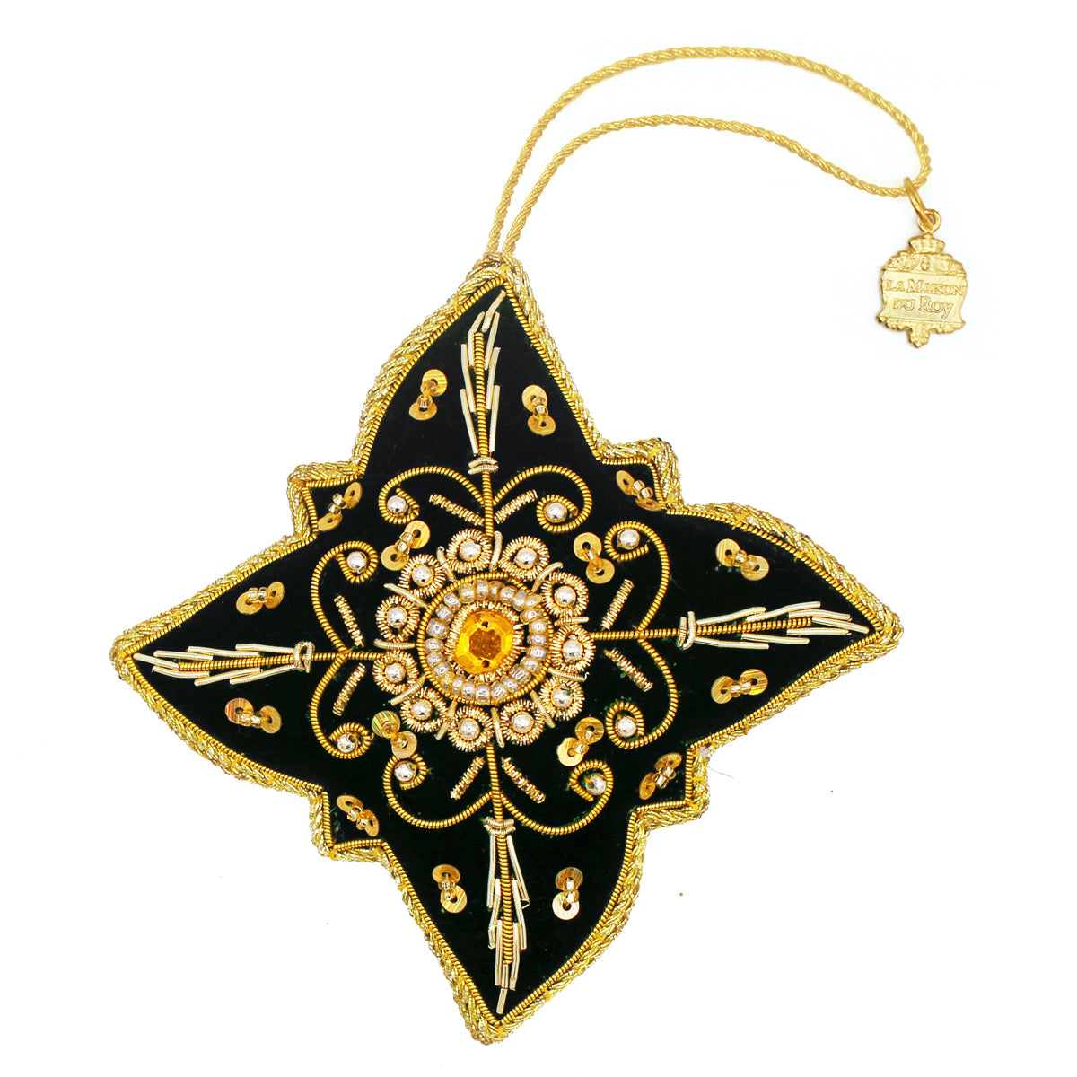 Étoile décorative en velours noir brodée de fils dorés, perles et sequins