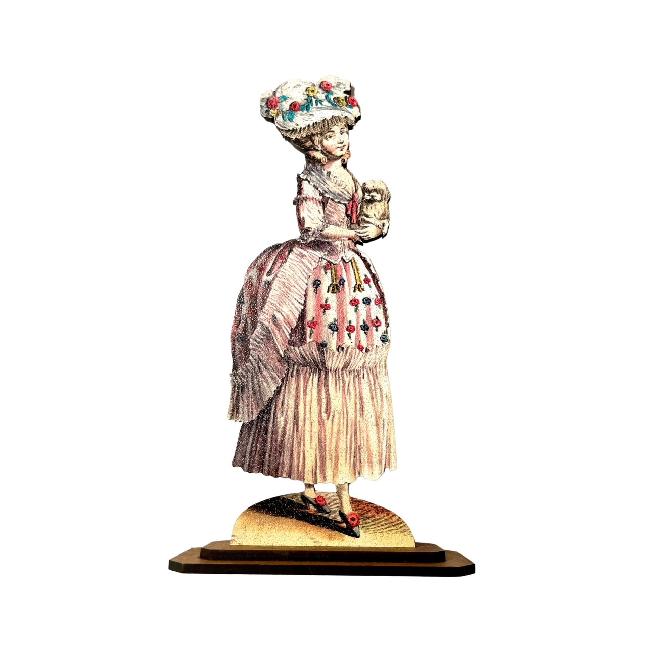 Silhouette jeune femme au chien XVIIIe en carton peint rose, chapeau fleuri et socle noir