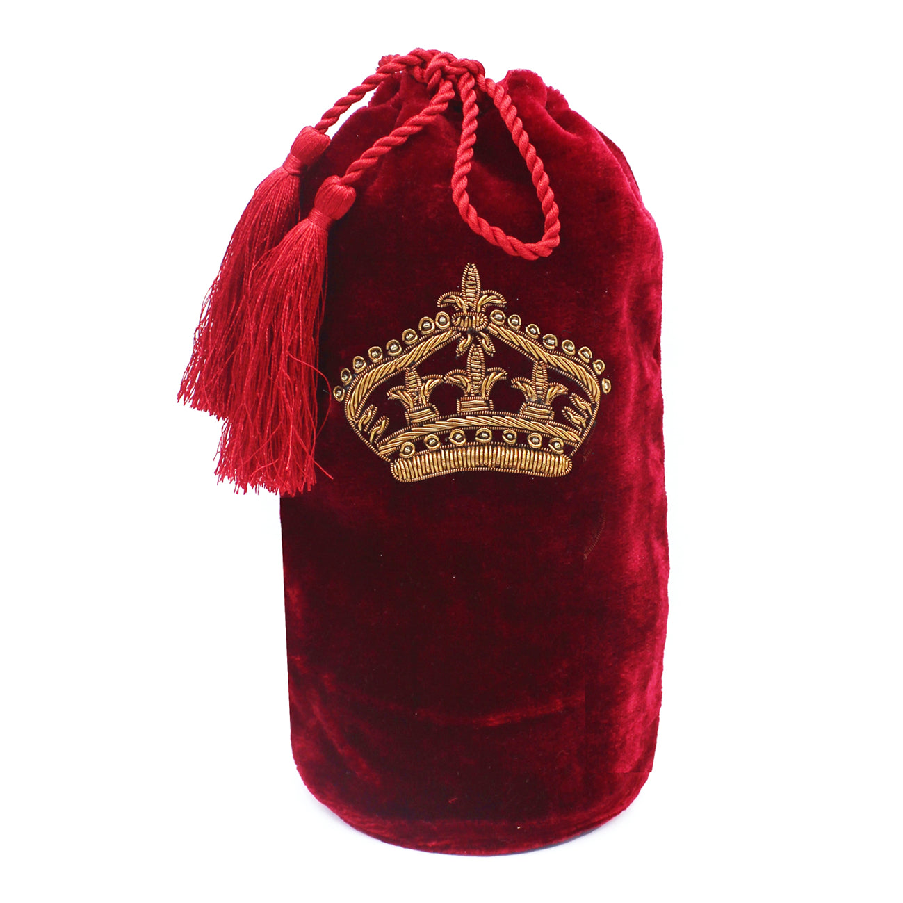 Pochon en velours rouge brodé d'une couronne dorée avec cordon à pompons
