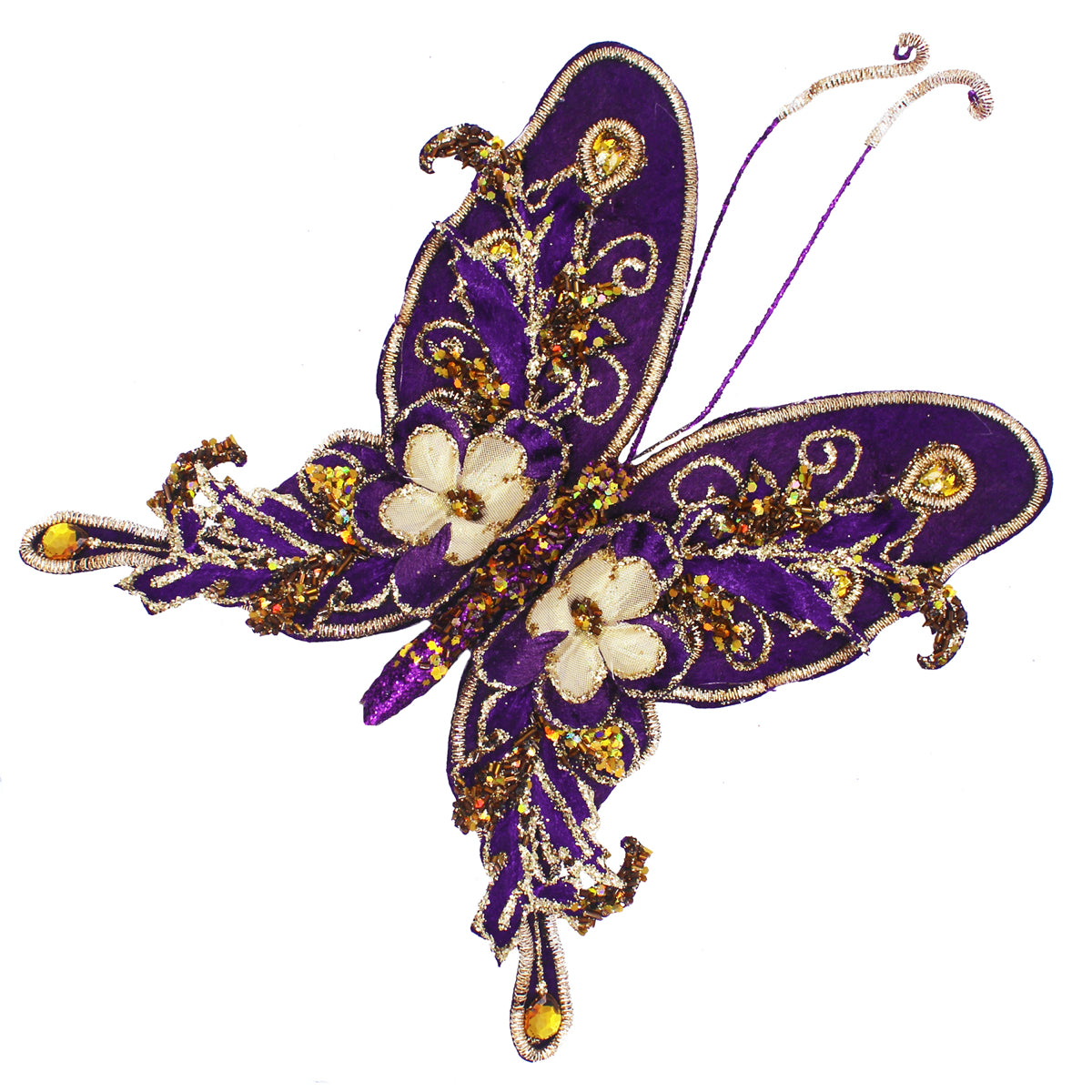 Papillon décoratif à pince violet et doré, ailes en tissu brodé de perles et fleurs blanches