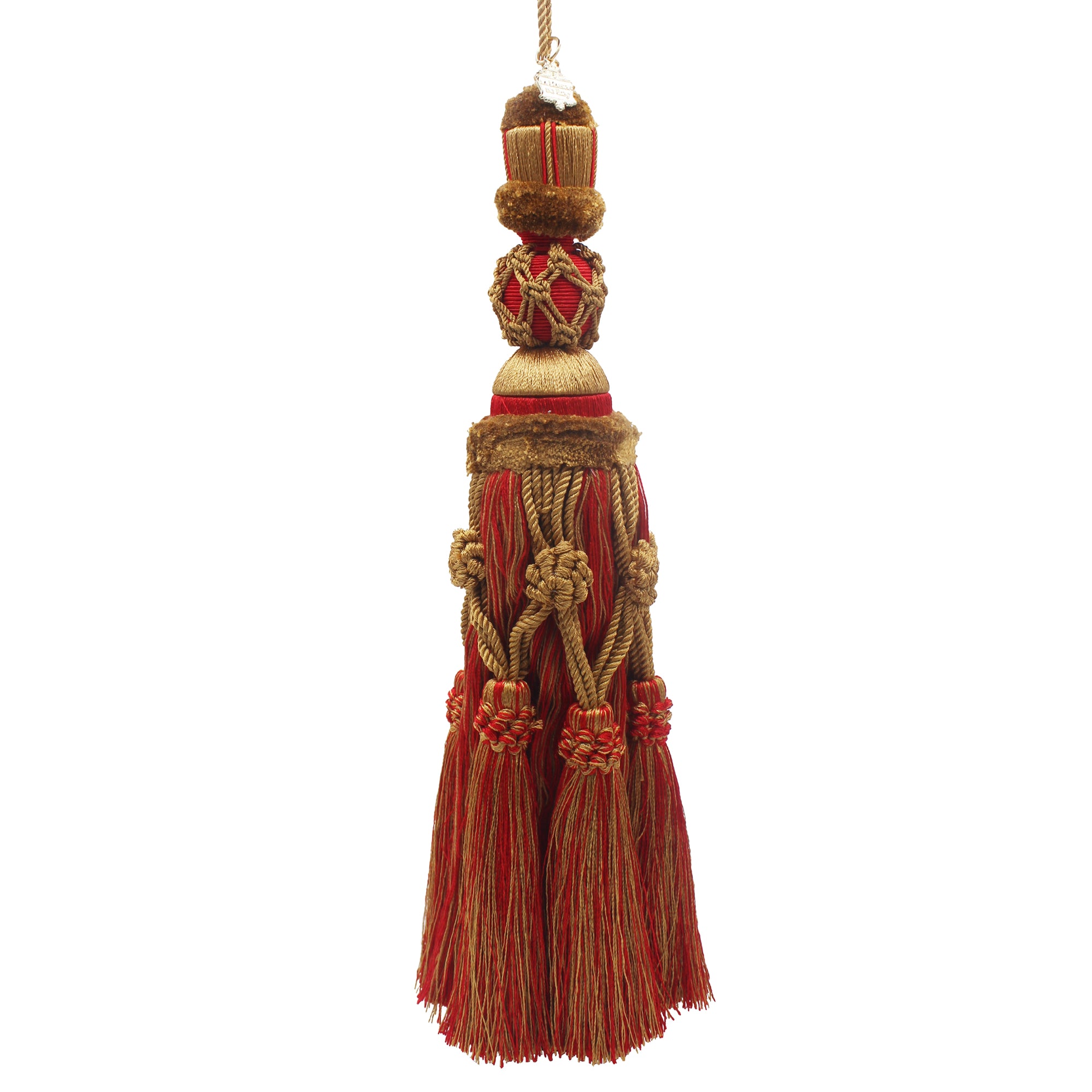 Pompon décoratif en coton rouge et doré avec cordon tressé et écusson métallique