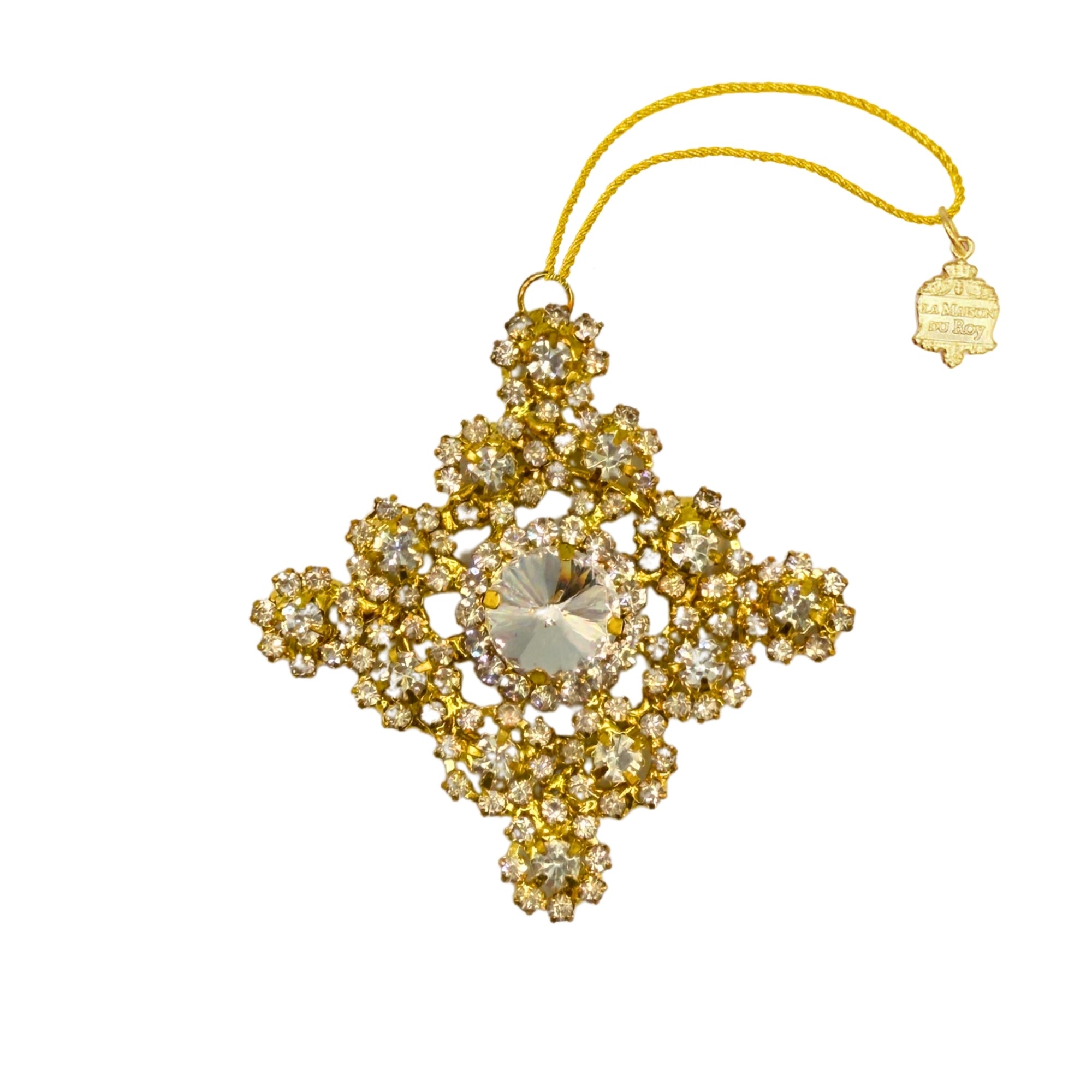 Ornement bijou en losange doré serti de strass, avec cabochon central facetté