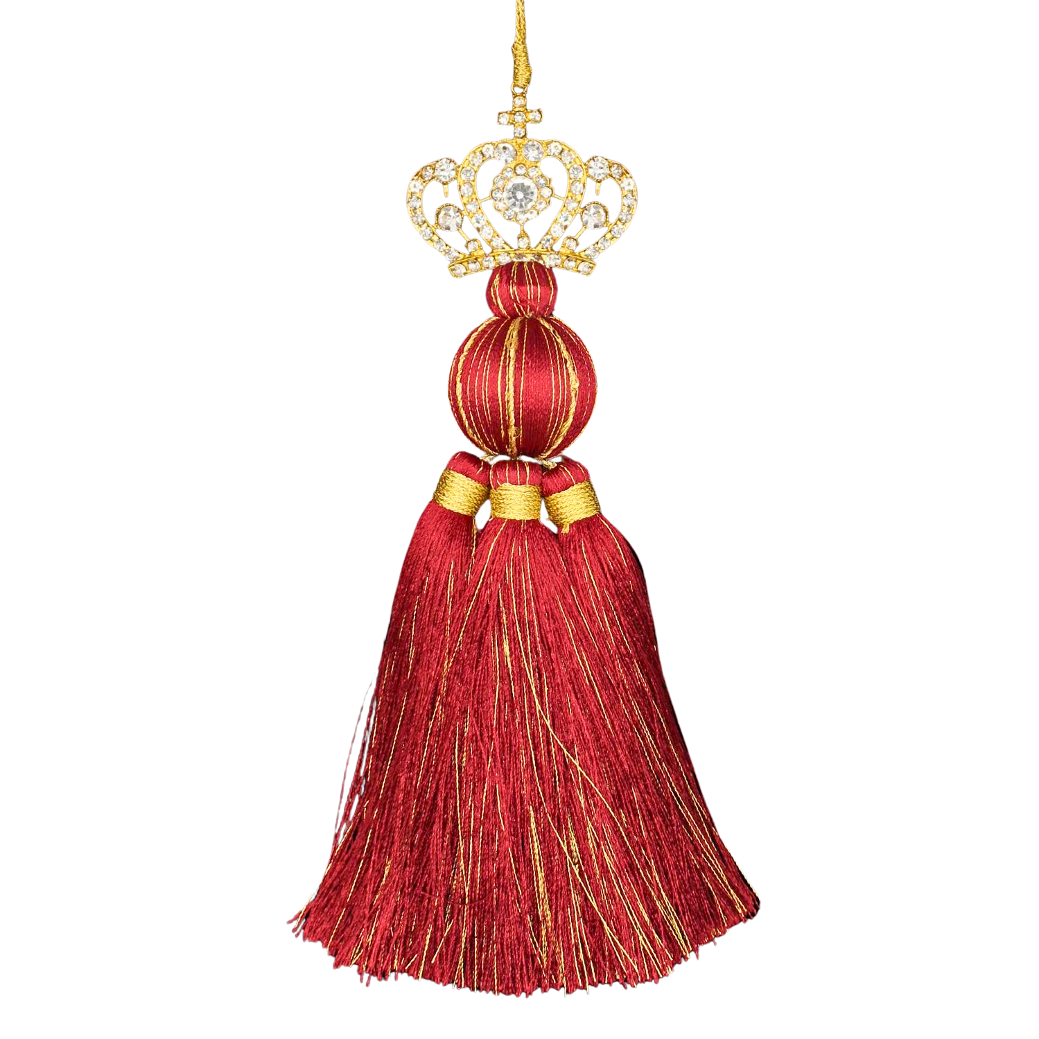 Pompon bijou bordeaux à franges dorées surmonté d une couronne sertie de cristaux