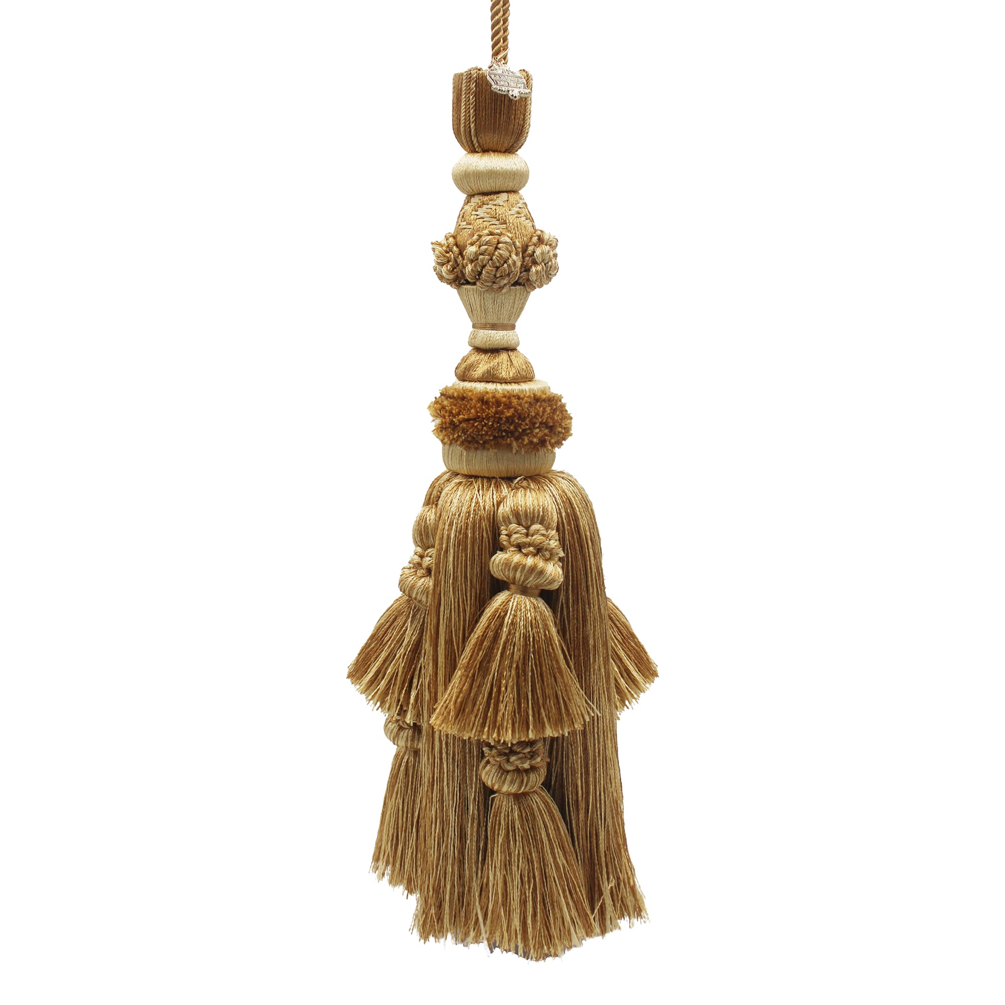 Pompon Versailles doré en coton avec écusson La Maison du Roy et longues franges