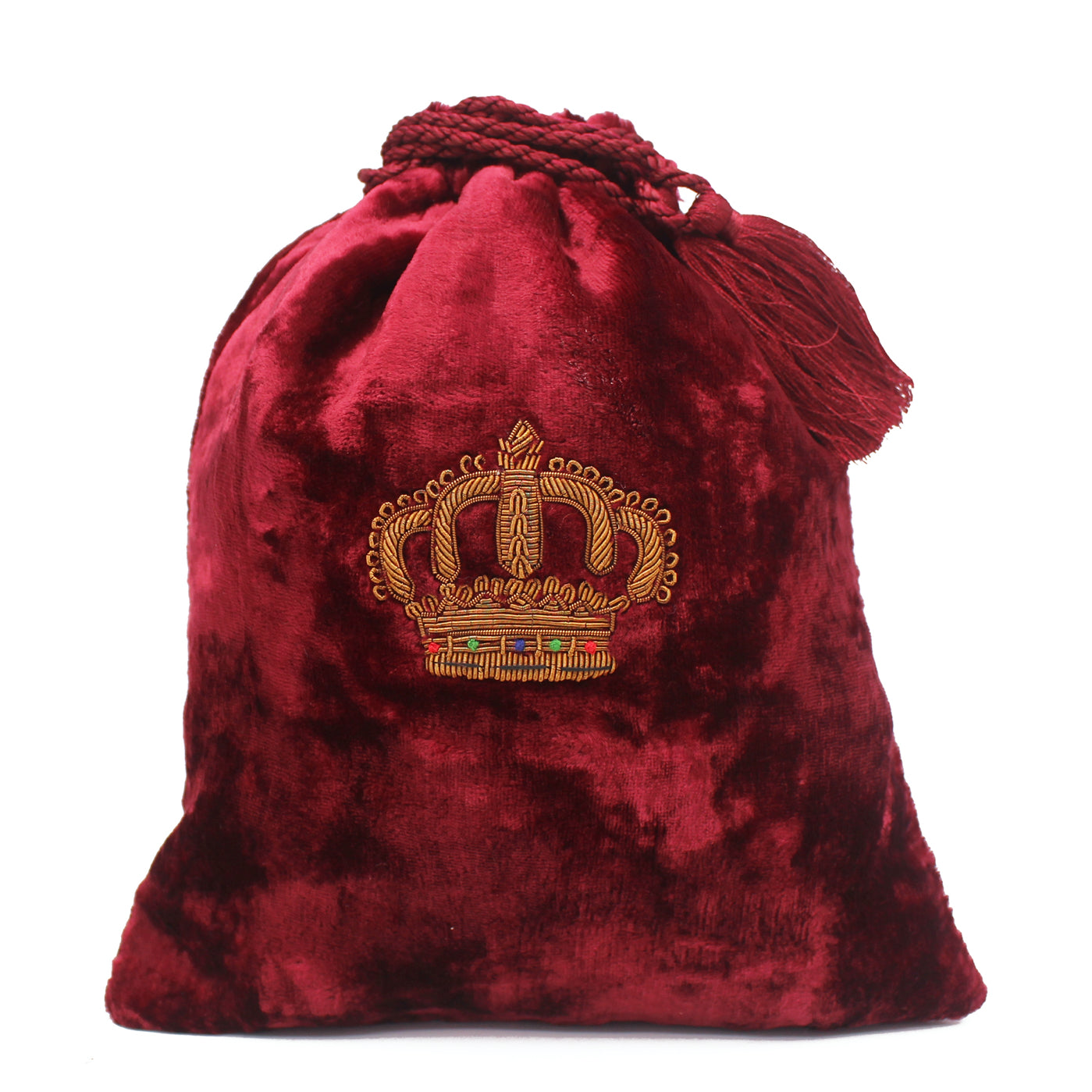 Pochon en velours bordeaux brodé d une couronne dorée, fermé par un cordon
