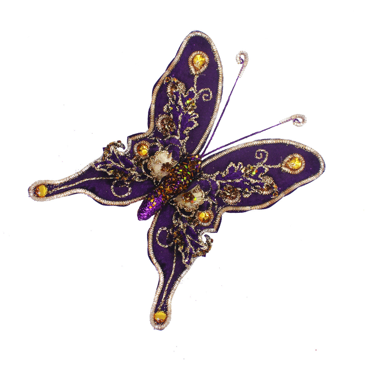 Papillon décoratif à pince violet et doré, ailes brodées de perles et sequins