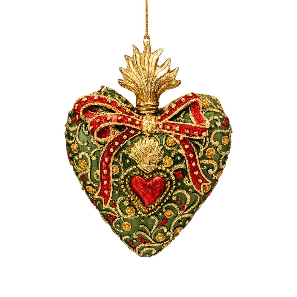 Ex-voto cœur suspendu fond vert orné d un nœud rouge et de détails dorés