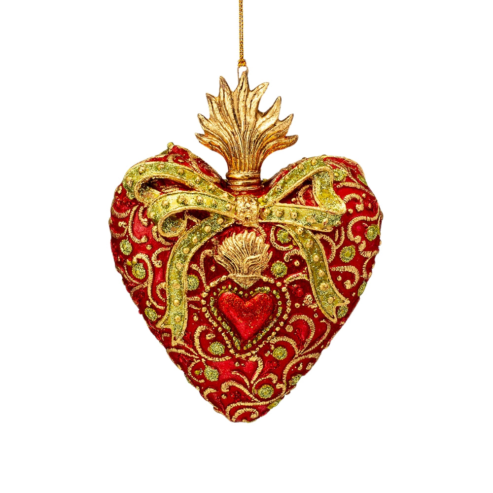 Ex-voto coeur décoratif rouge à nœud vert, broderies et détails dorés à suspendre