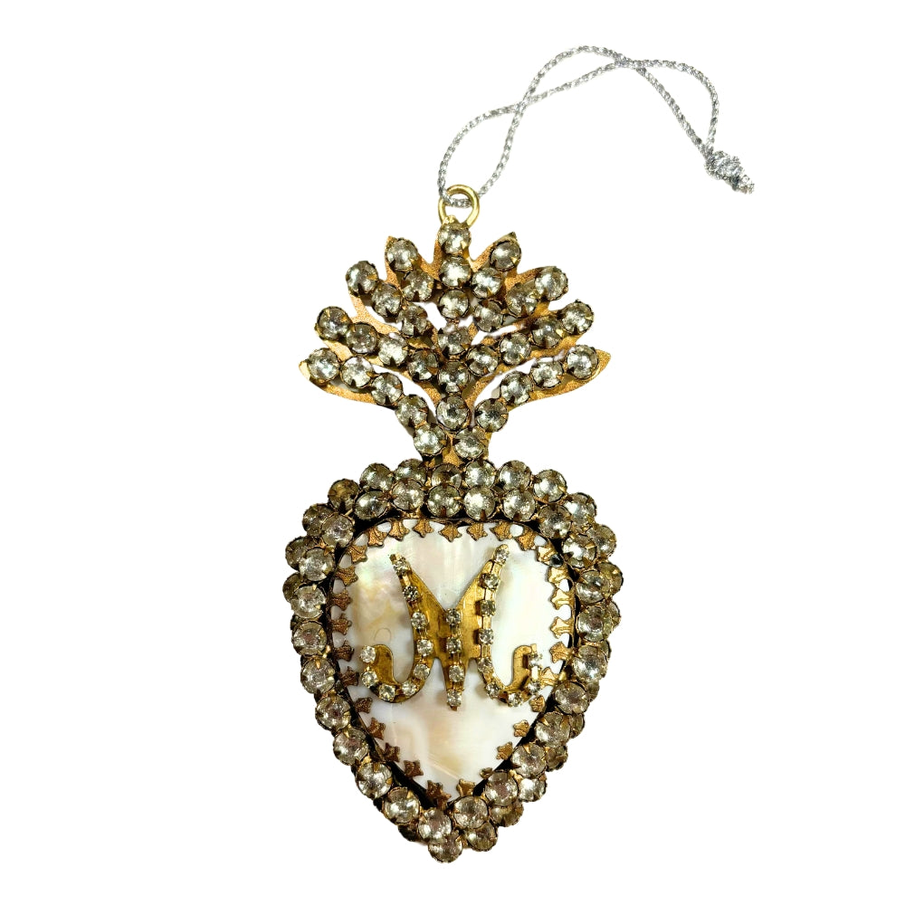 Ex-voto en forme de coeur en nacre, bordé de strass, avec cordon argenté