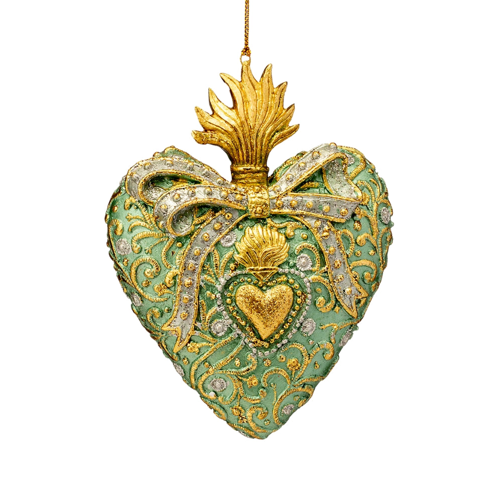 Ex-voto cœur suspendu vert d'eau orné de dorures, ruban gris et motif central doré