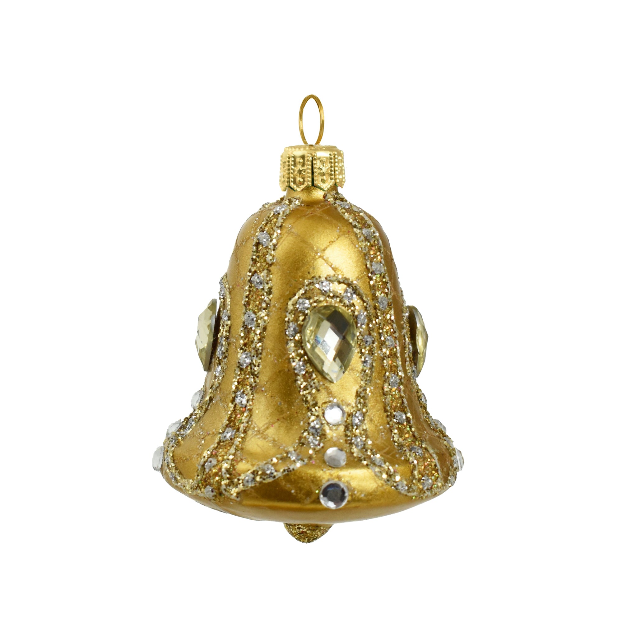 Petite cloche en verre soufflé doré avec strass et contour pailleté