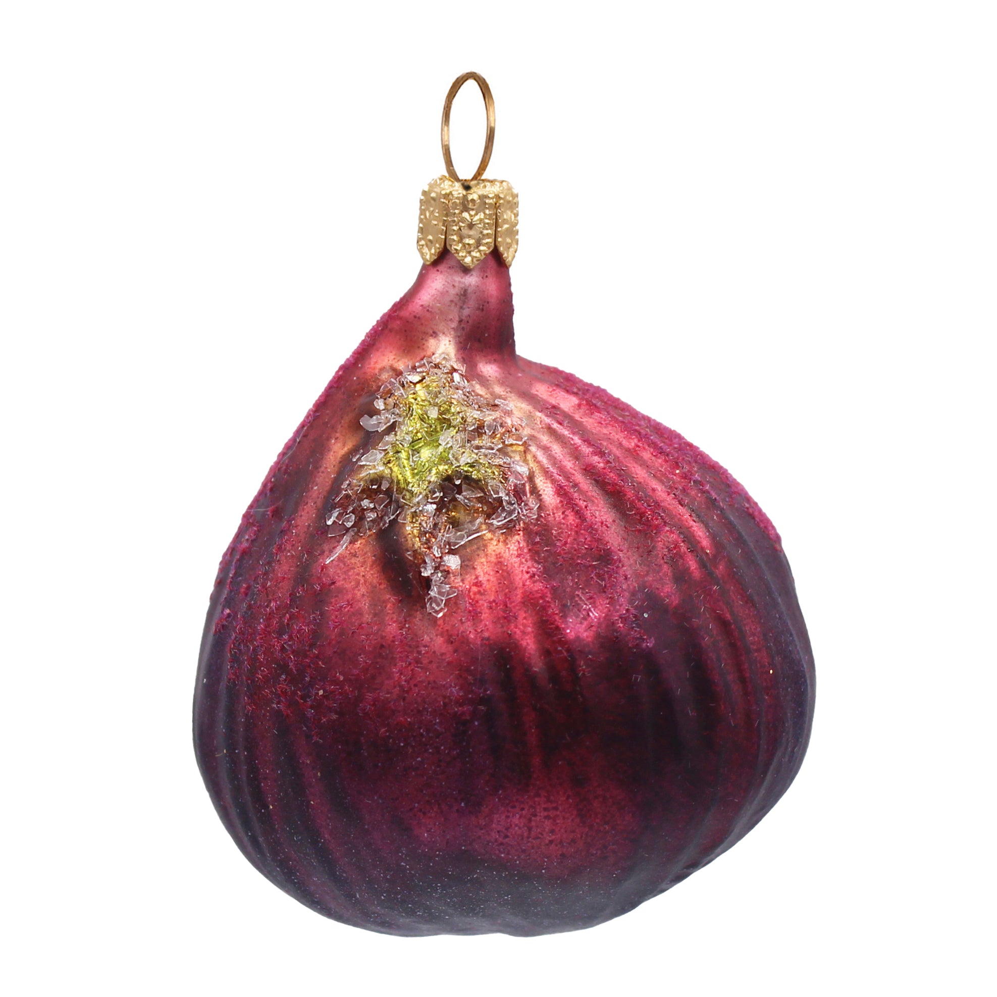 Figue décorative en verre soufflé violet et vert avec capuchon doré pailleté