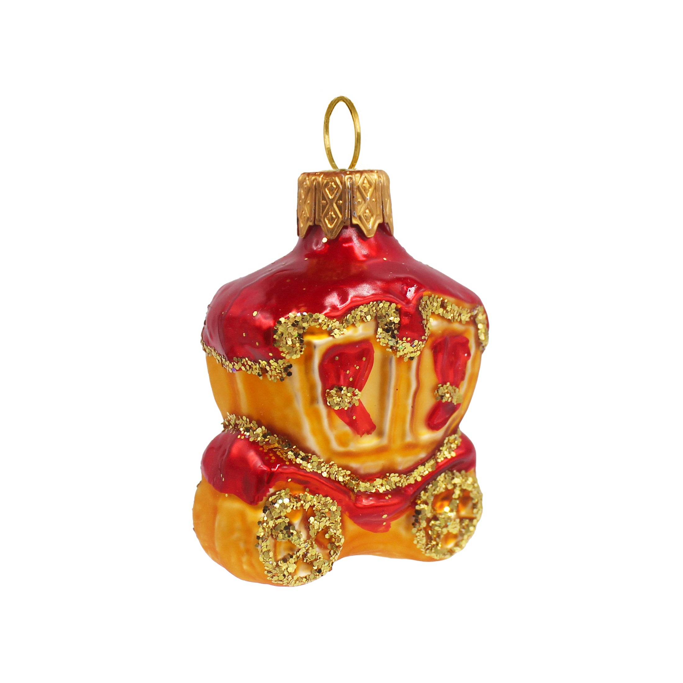 Petit carrosse en verre soufflé rouge et doré avec finitions pailletées