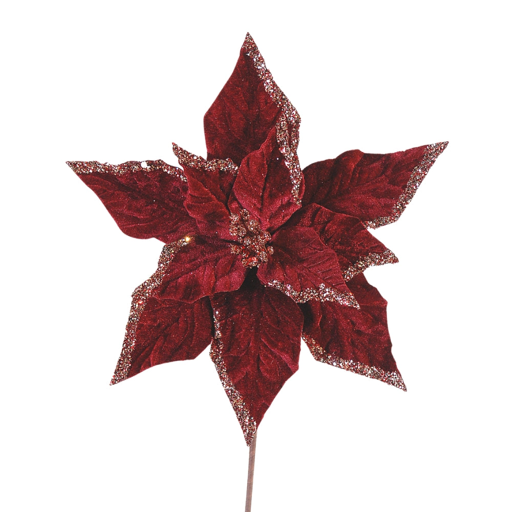 Fleur bordeaux en velours avec pétales pointus pailletés et tige fine