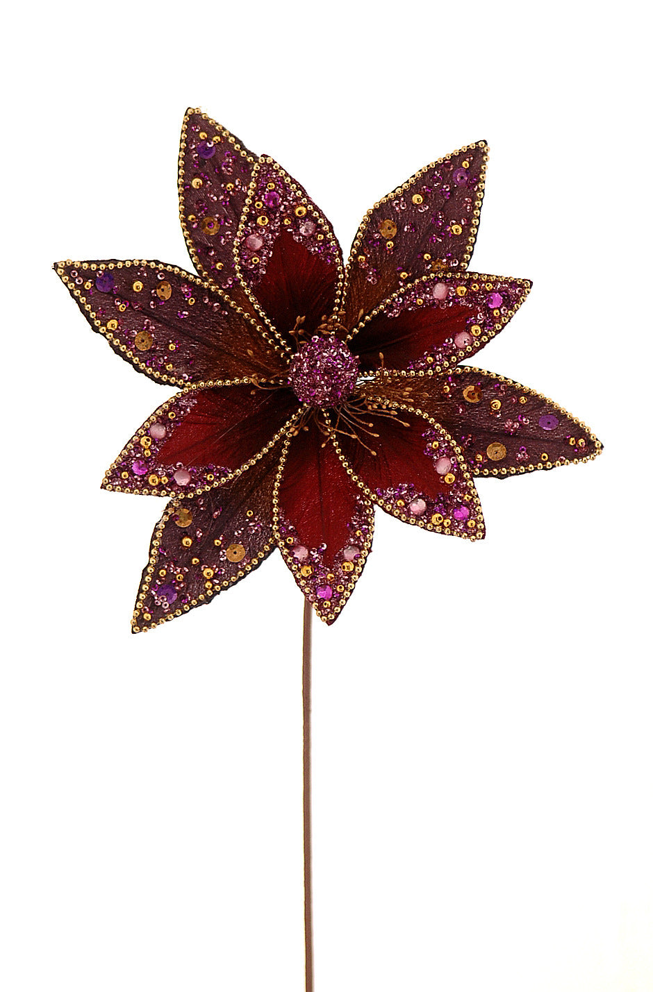 Fleur bordeaux décorative à pétales pailletés avec sequins et strass, montée sur branche rigide