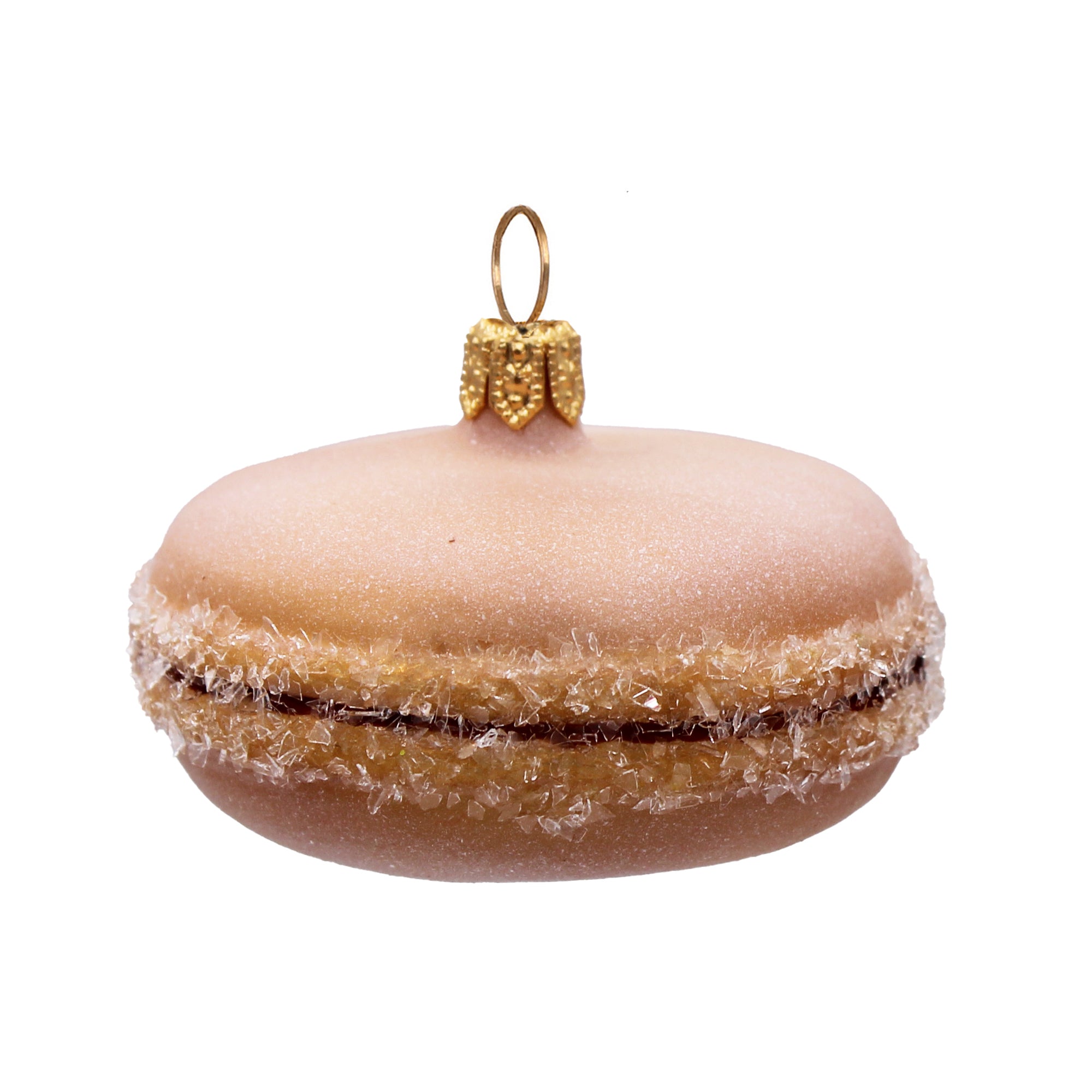 Macaron en verre soufflé crème et doré avec anneau de suspension