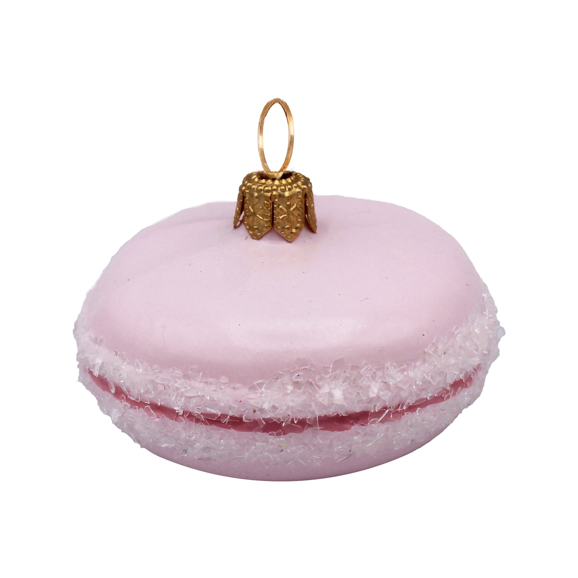 Macaron rose en verre soufflé avec garniture blanche et anneau doré