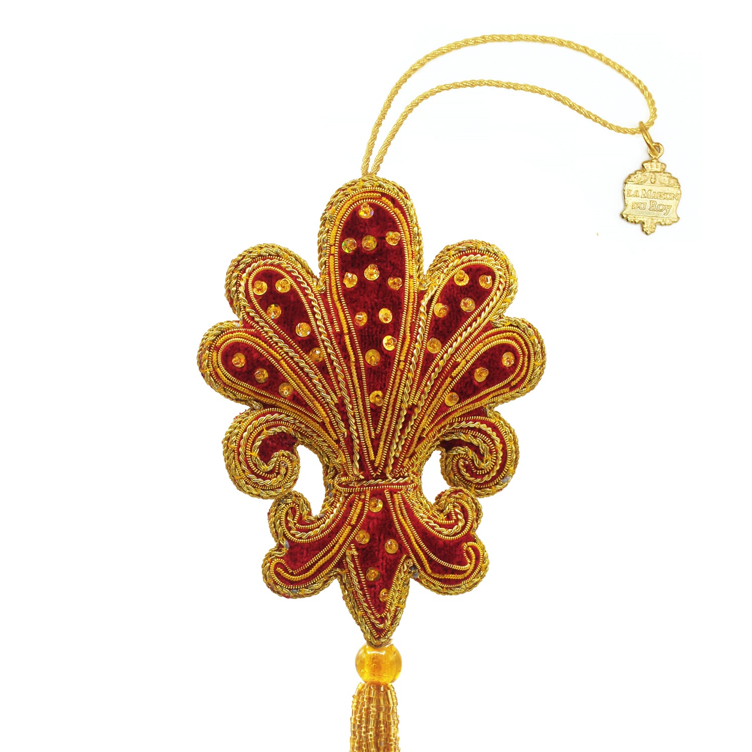 Fleur de lys en velours rouge brodée de fils dorés, perles et pampille