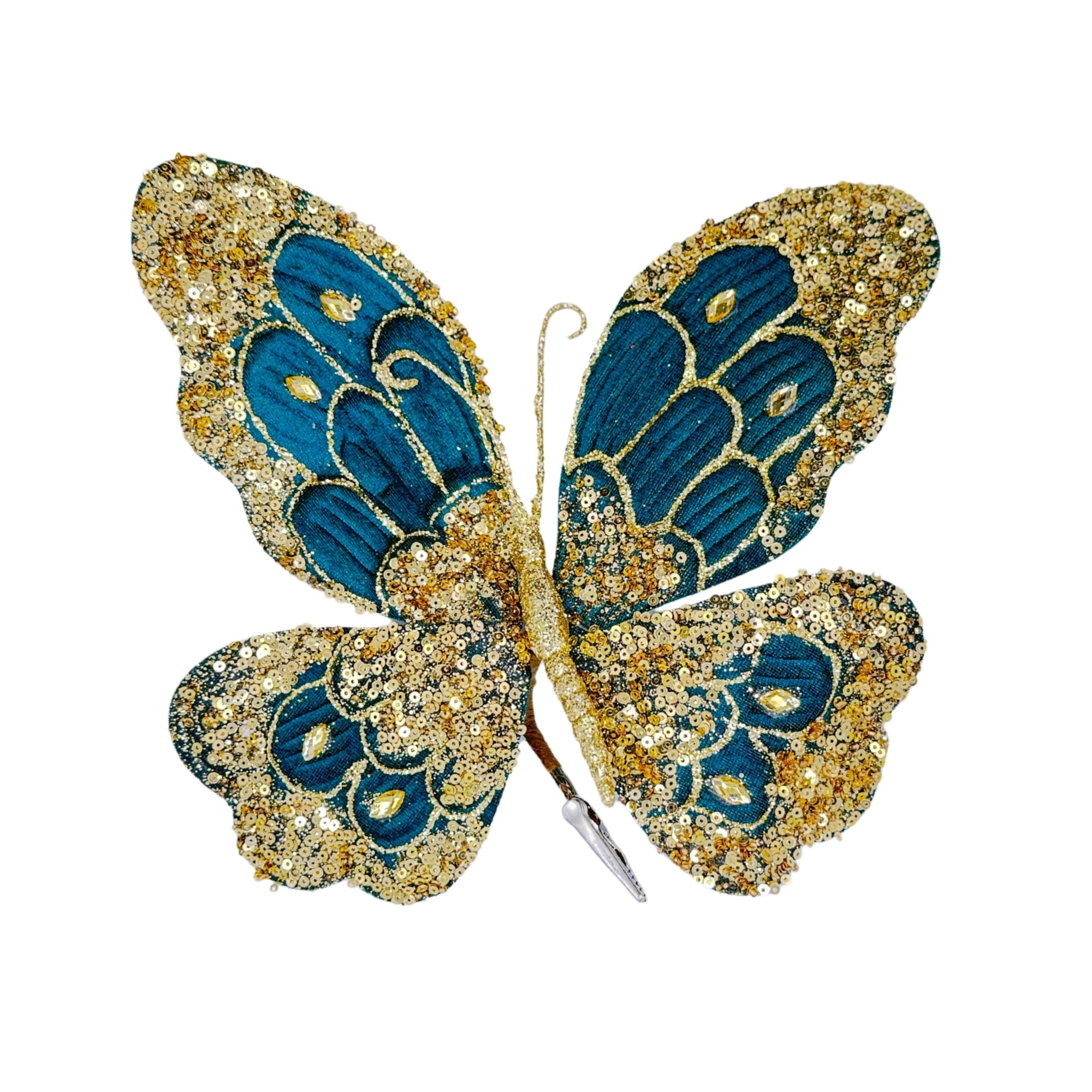 Papillon décoratif bleu et doré en sequins brodés avec corps pailleté