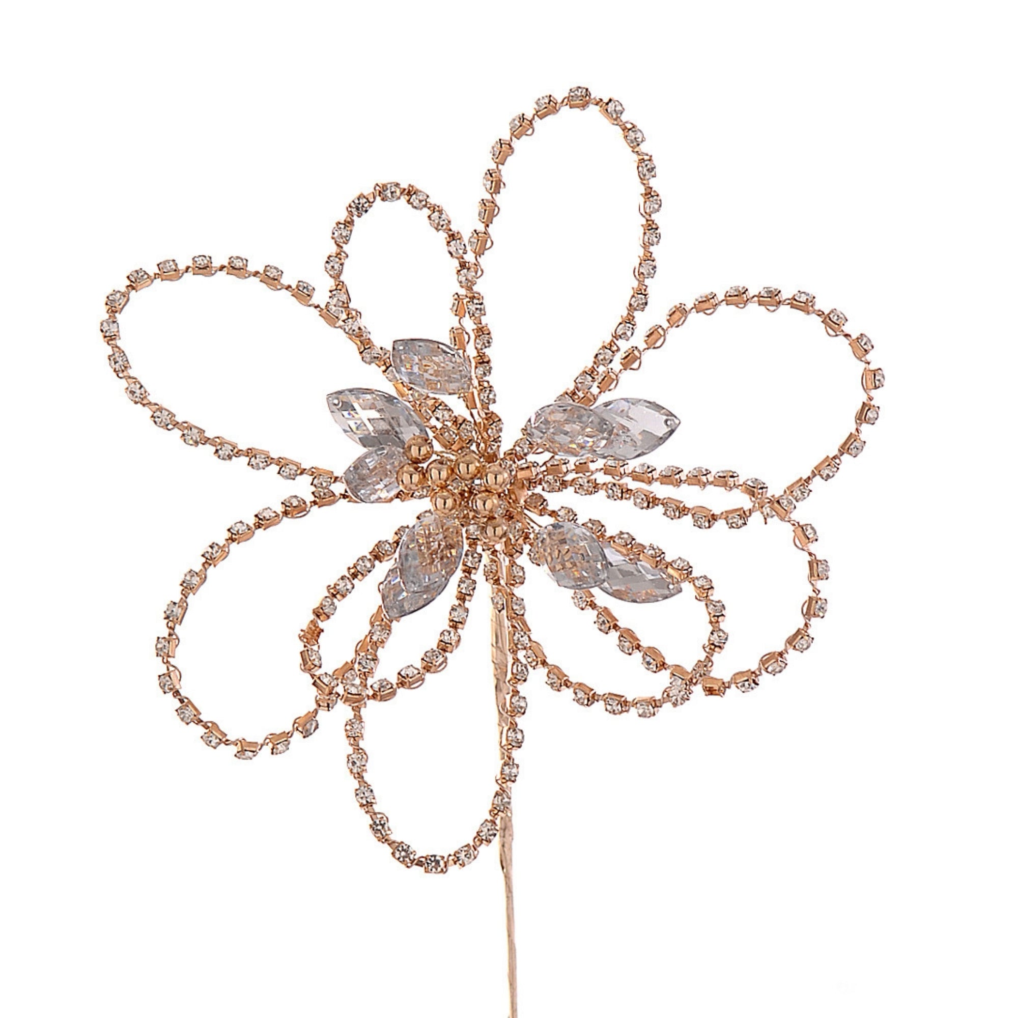 Fleur décorative dorée avec strass scintillants, pétales ajourés en boucles serties et éléments translucides, montée sur tige