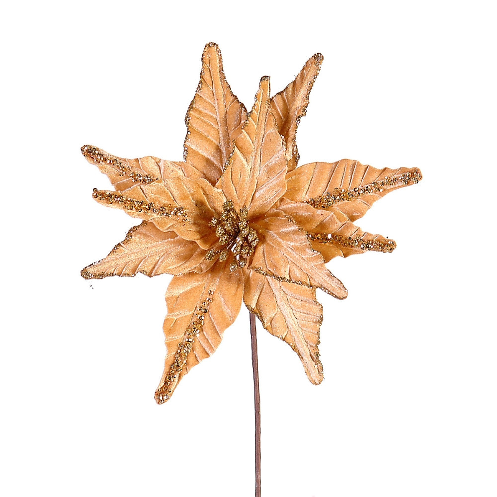 Fleur dorée pailletée à feuilles nervurées sur tige