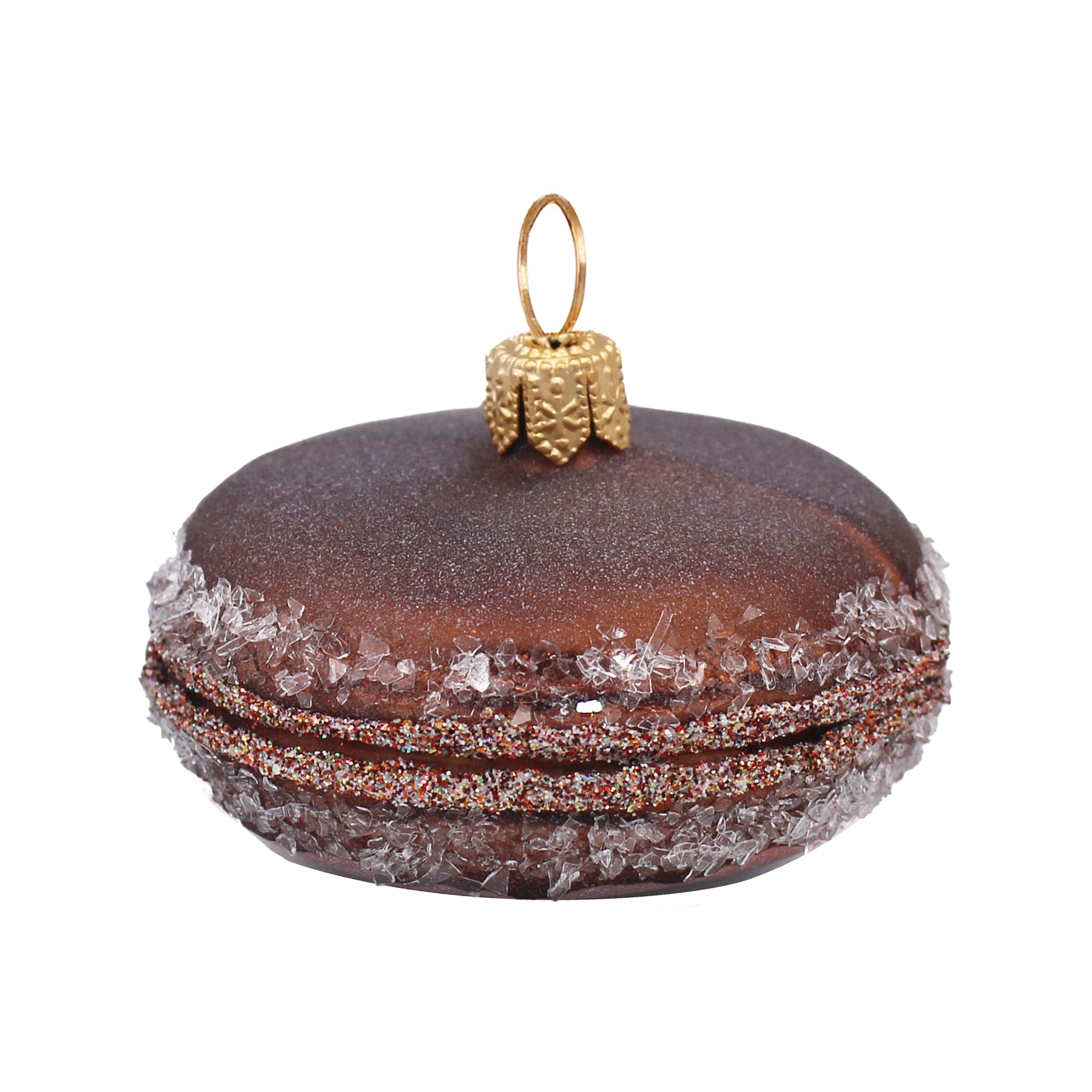 Macaron au chocolat en verre soufflé brun et doré, pailleté et suspendu par un anneau doré