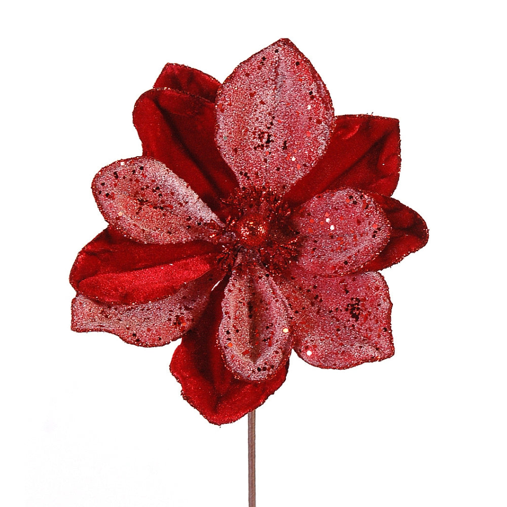 Fleur décorative rouge à paillettes avec pétales en velours et tige fine