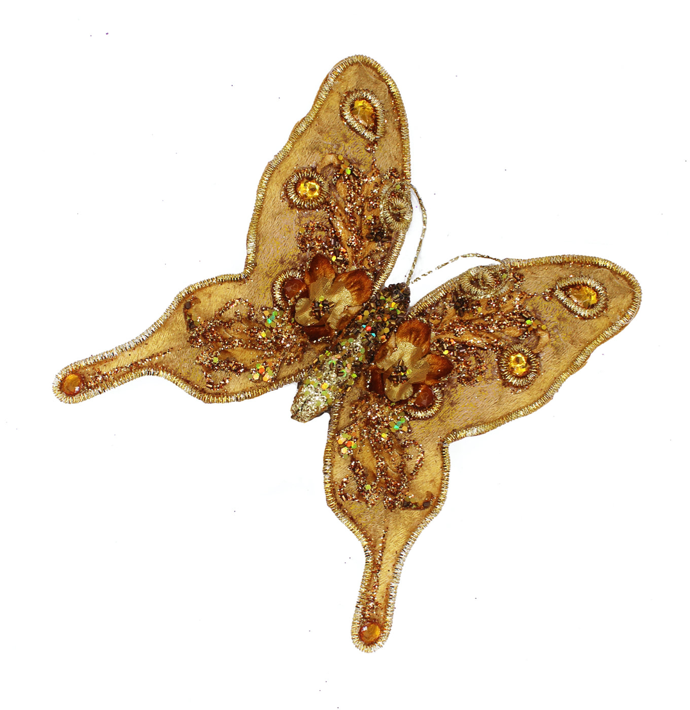 Papillon à pince doré en tissu pailleté, broderies et perles sur ailes ouvertes