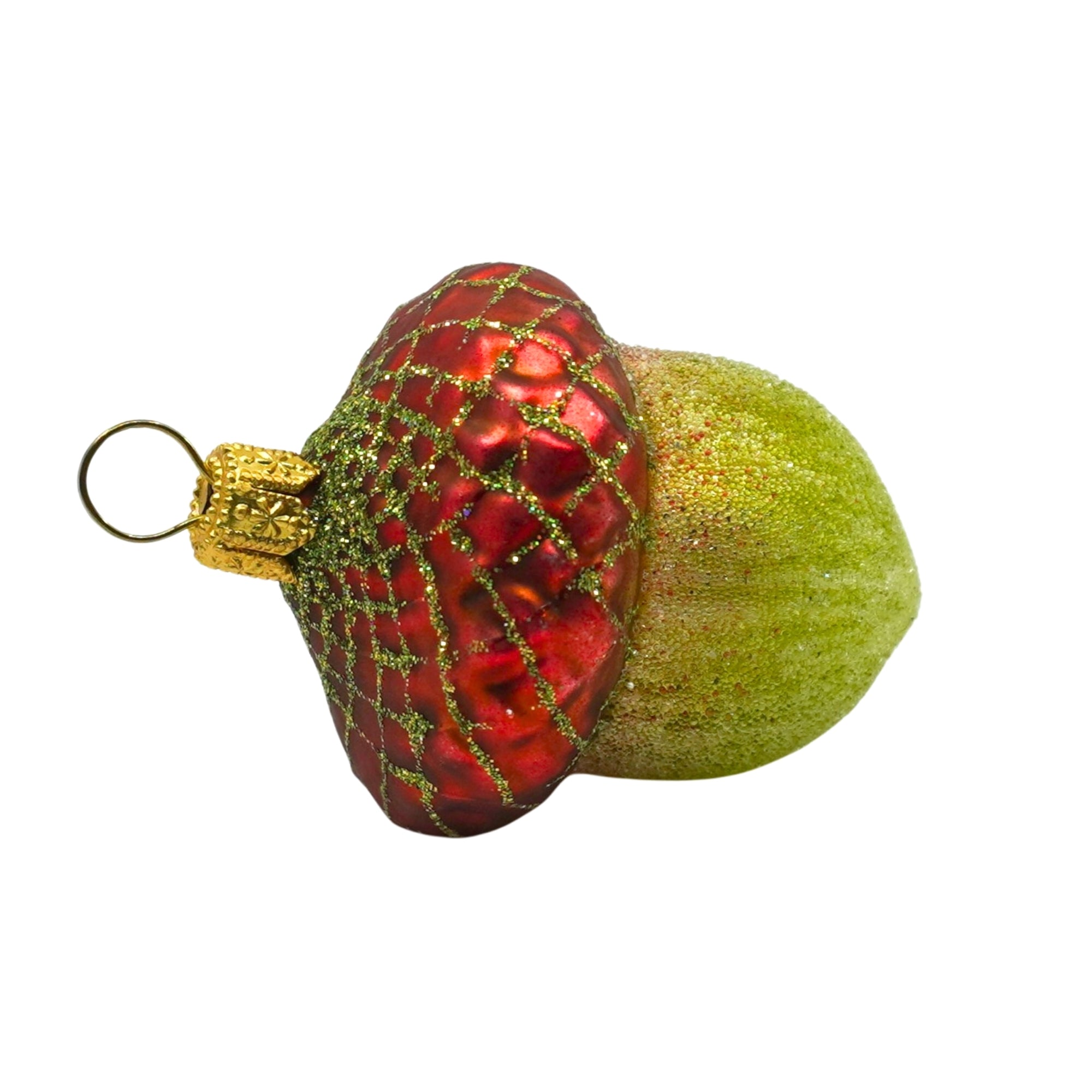 Gland en verre soufflé rouge et vert pailleté avec attache dorée