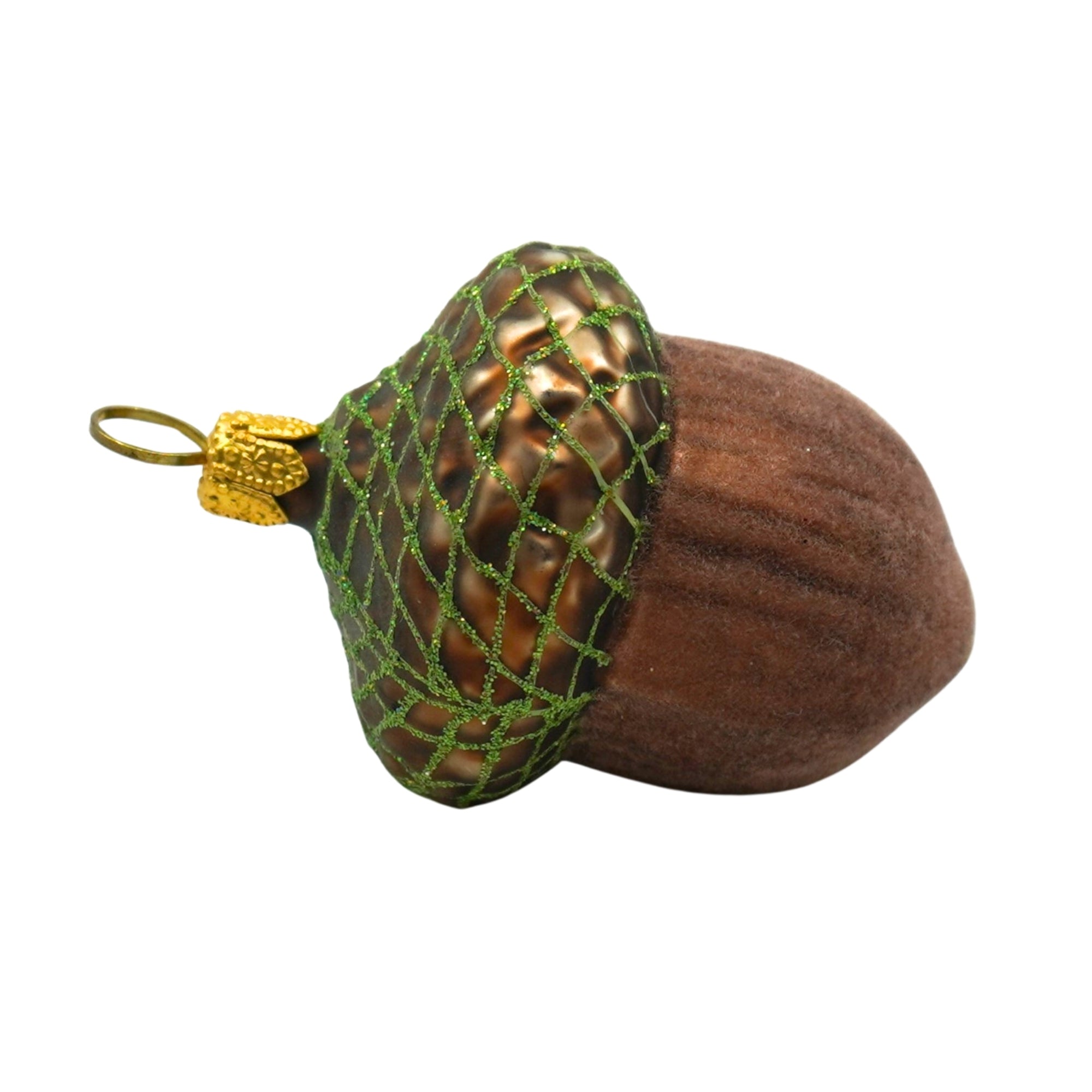 Gland décoratif en verre soufflé brun irisé avec filet vert pailleté et attache dorée