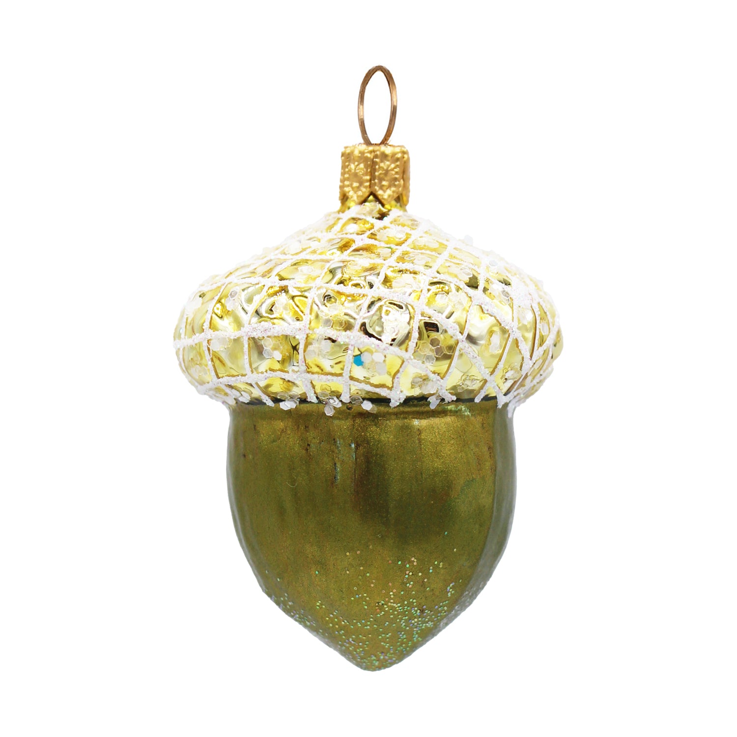 Gland de Noël en verre soufflé vert et doré, chapeau blanc pailleté