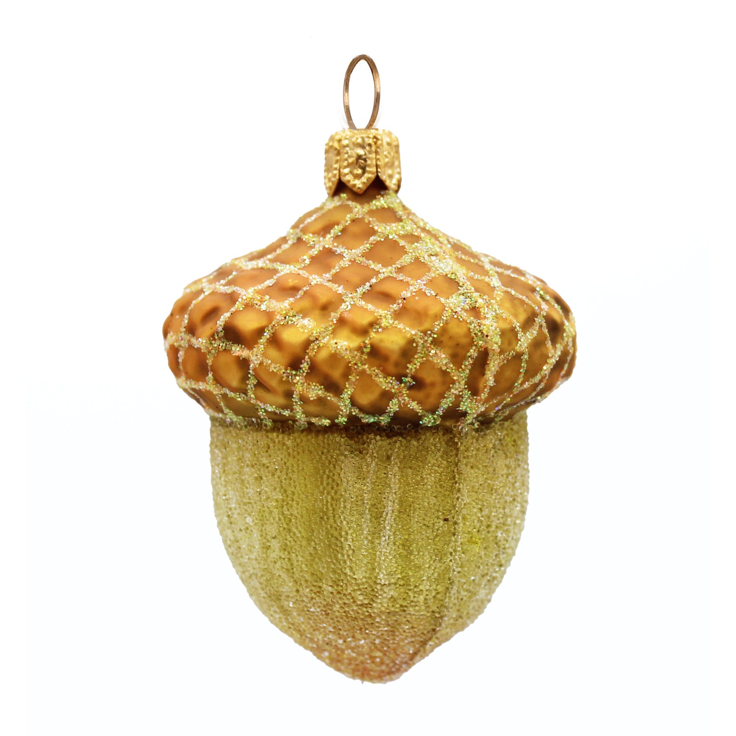 Gland de Noël en verre soufflé vert et brun avec capuchon doré