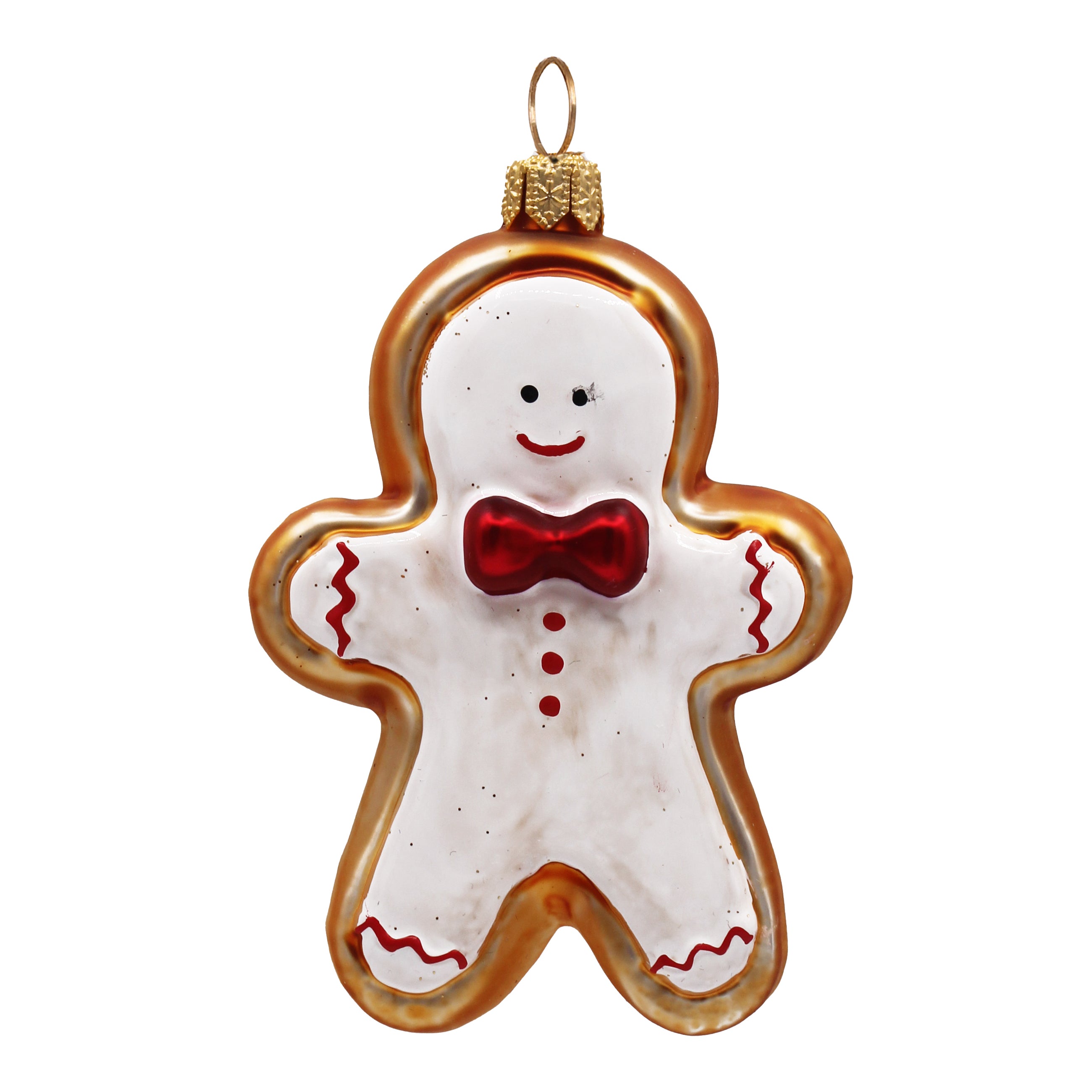 Bonhomme pain d'épices en verre soufflé glacé blanc, contour doré et nœud rouge