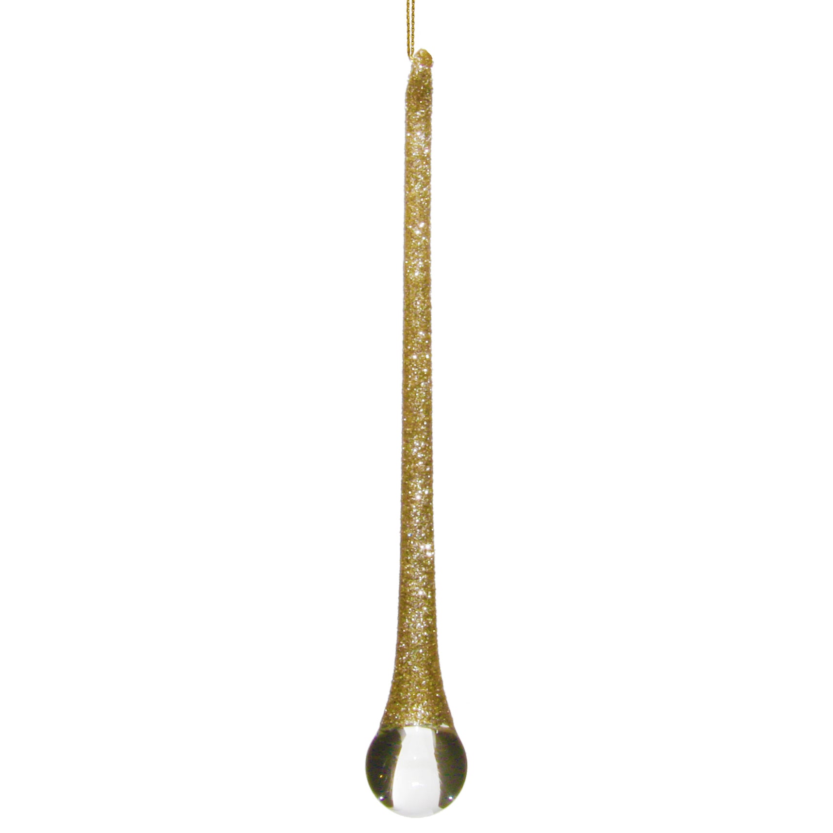 Goutte en verre soufflé pailletée champagne, longue suspension dorée