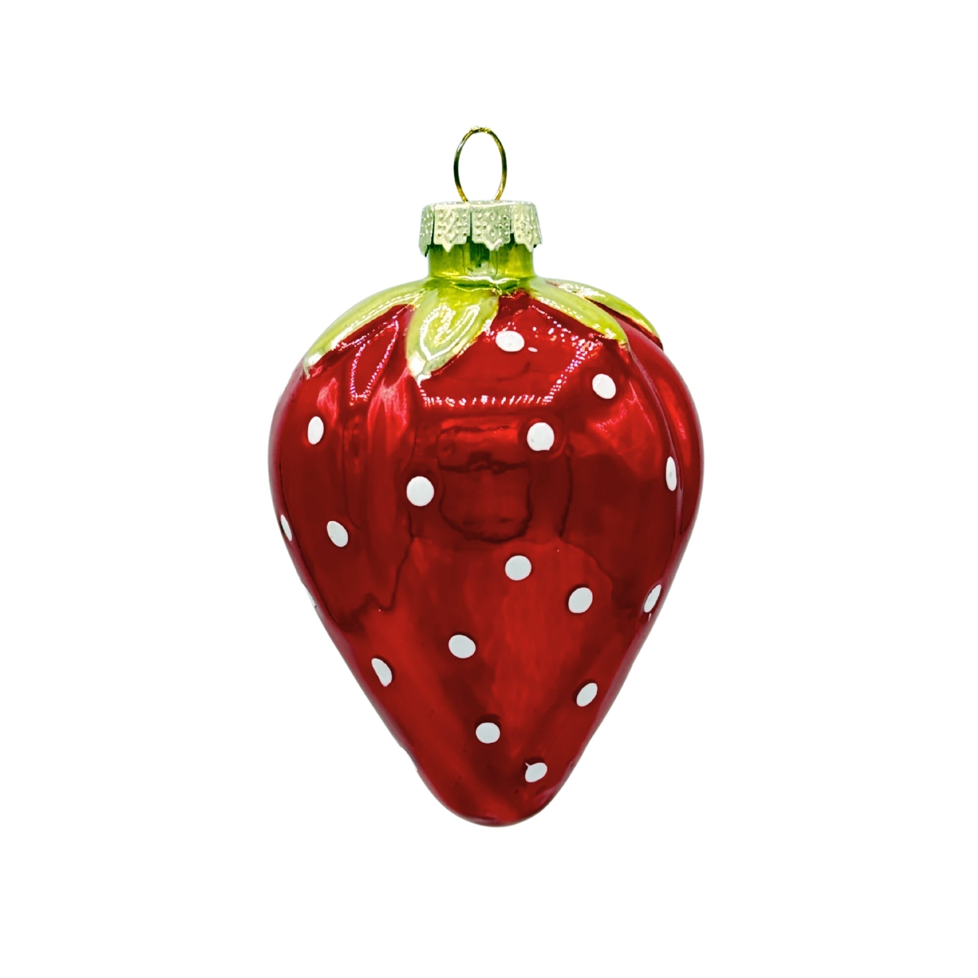 Fraise en verre soufflé rouge à pois blancs avec feuille verte et attache dorée