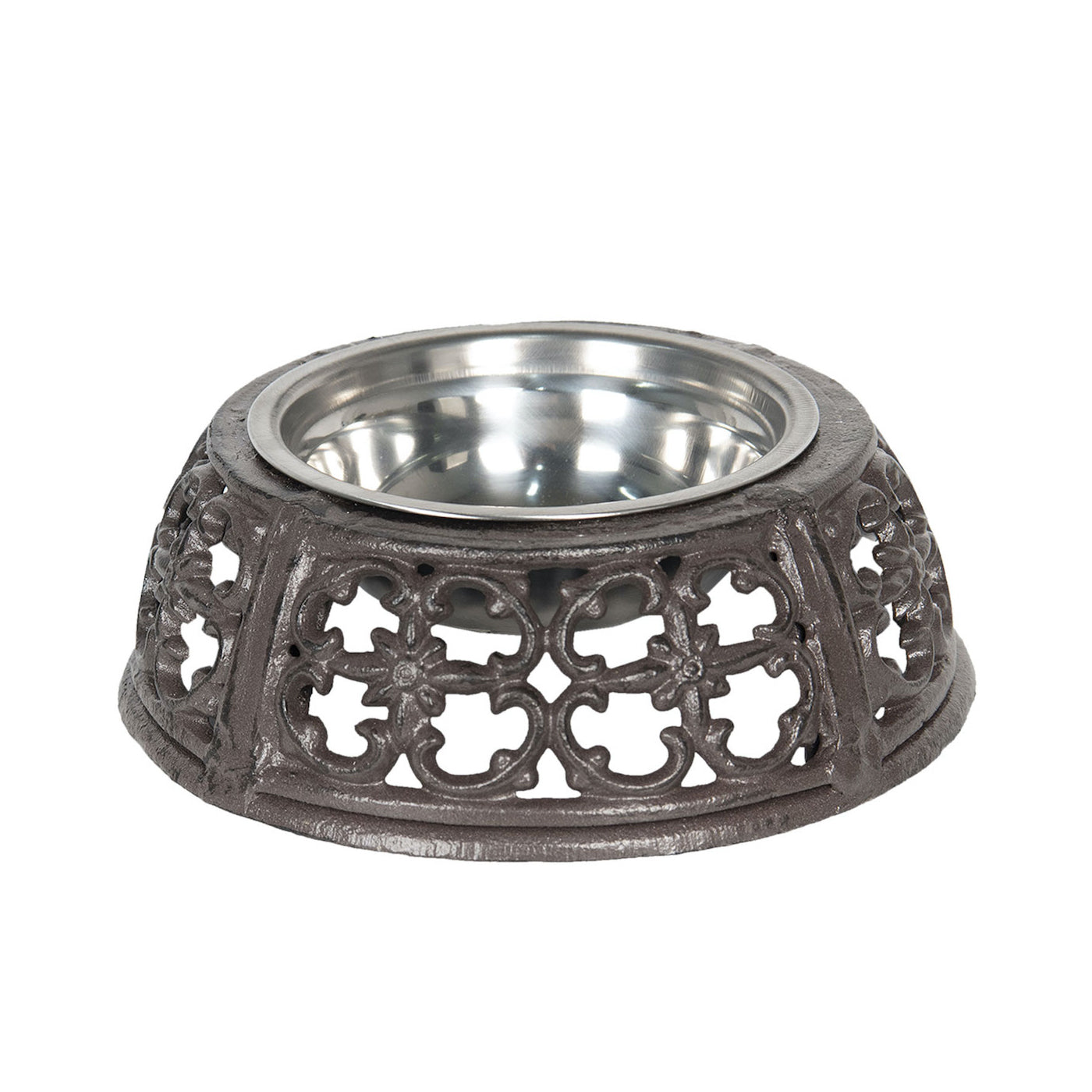 Gamelle en fer forgé noir oxydé avec bol inox brillant et motifs ajourés