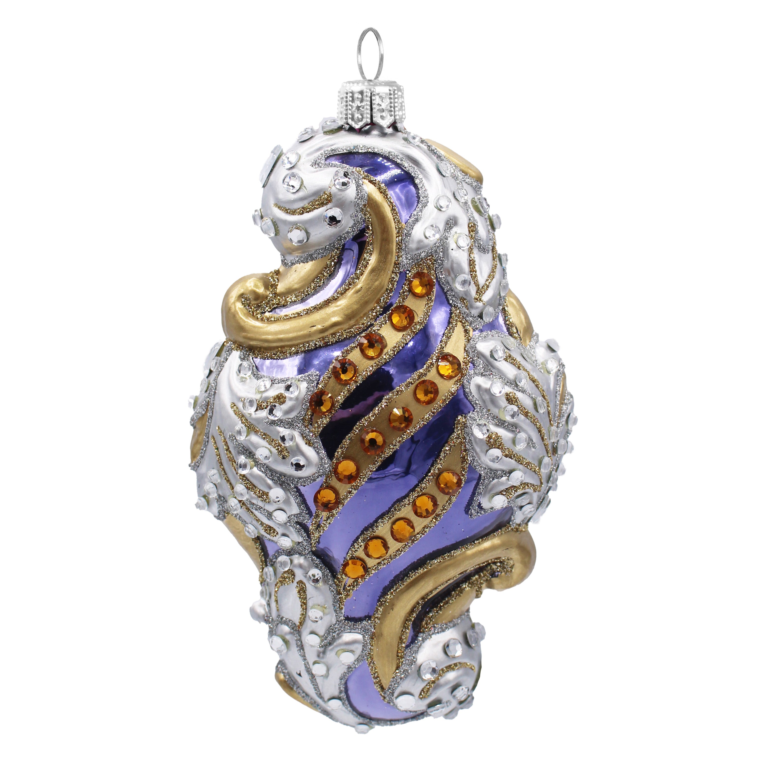 Ornement de Noël en verre soufflé violet, argenté et doré à motifs baroques