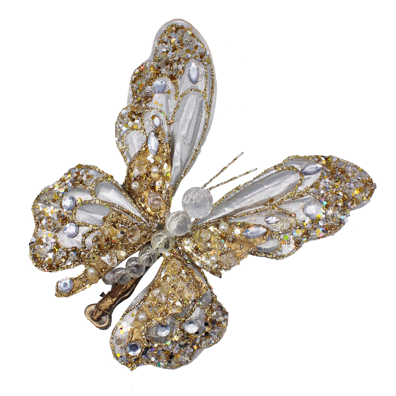 Papillon à pince en tissu argenté et doré, orné de strass et paillettes