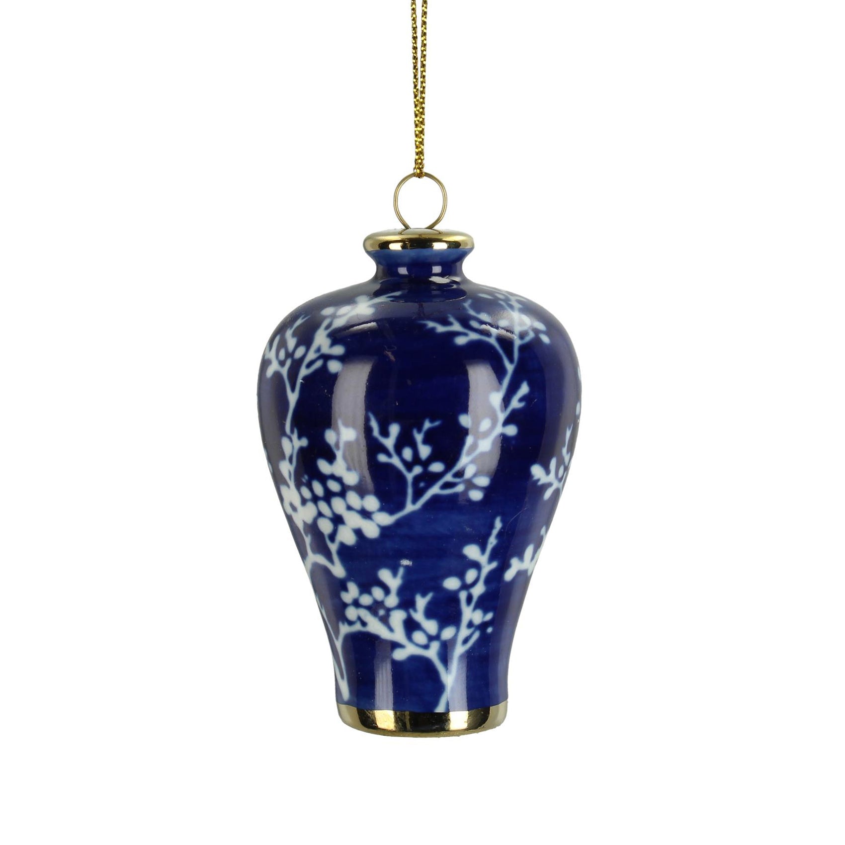 Jarre en porcelaine bleu cobalt à suspendre, motif blanc fleuri et cordon doré
