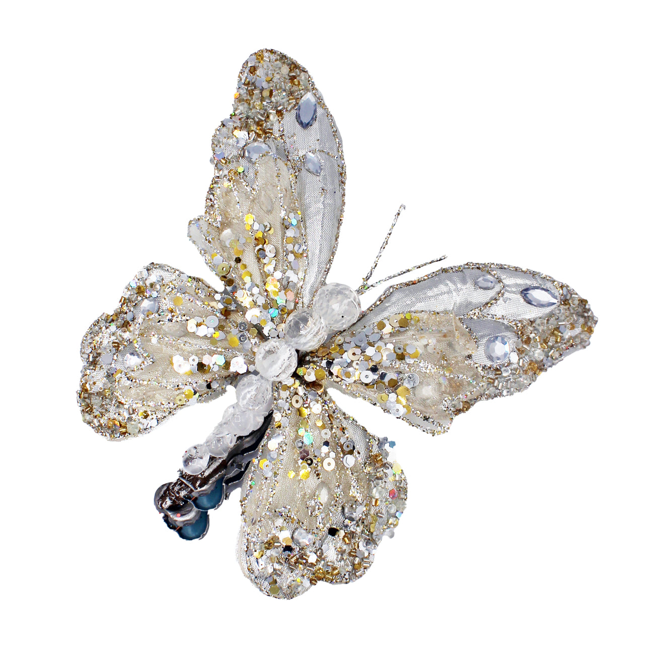 Papillon décoratif à pince argenté et doré en tissu, strass et paillettes