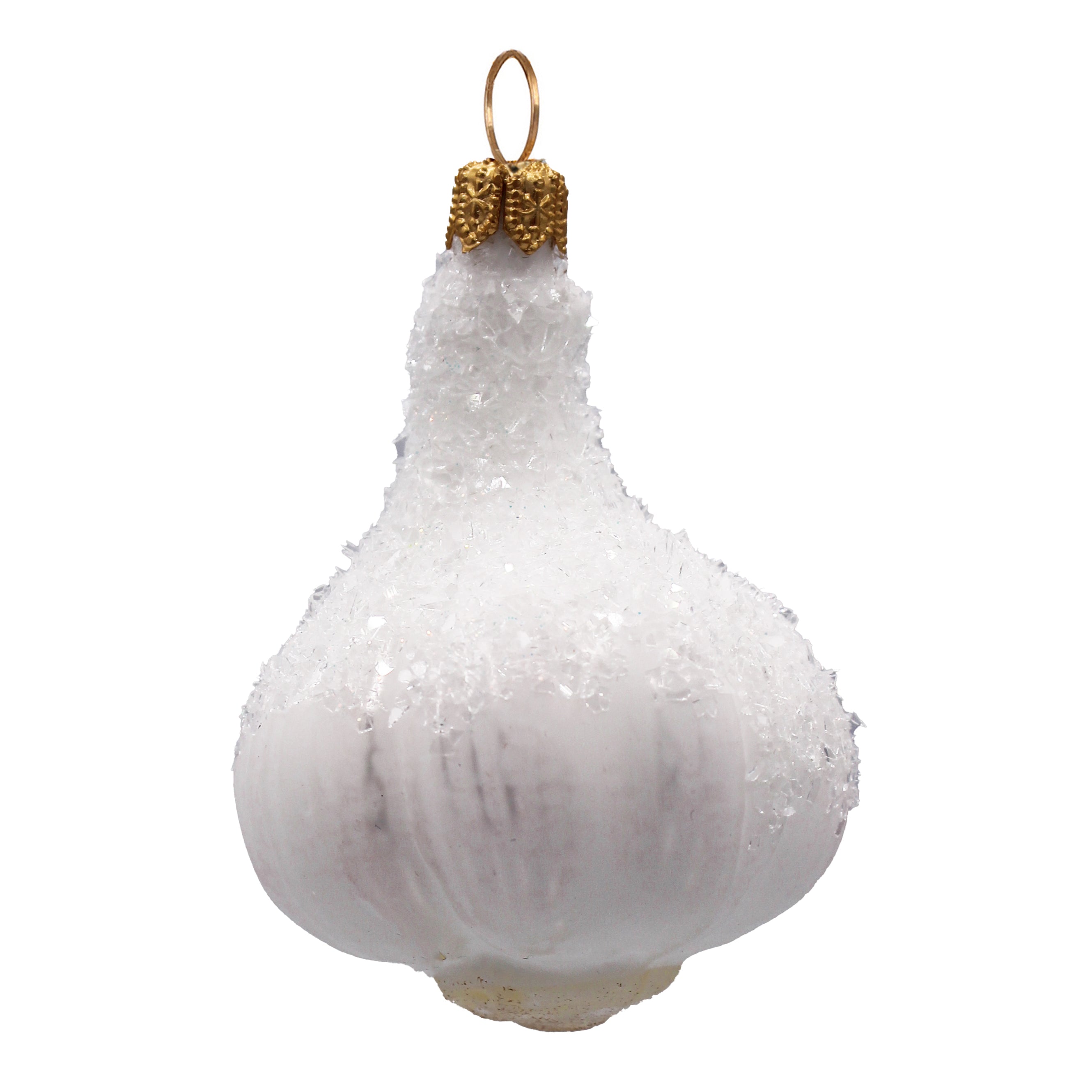 Gousse d'ail en verre soufflé blanc nacré, capuchon doré et anneau de suspension