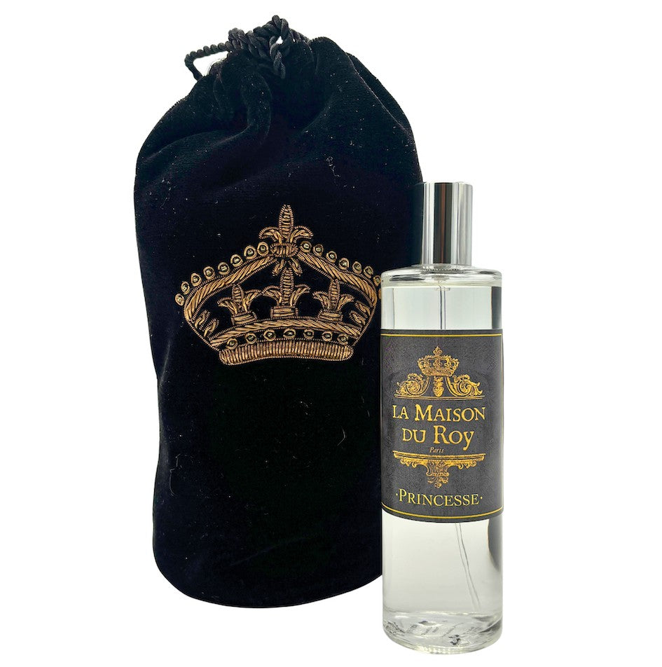 Flacon de parfum d'ambiance Princesse avec pochon noir brodé d'une couronne dorée